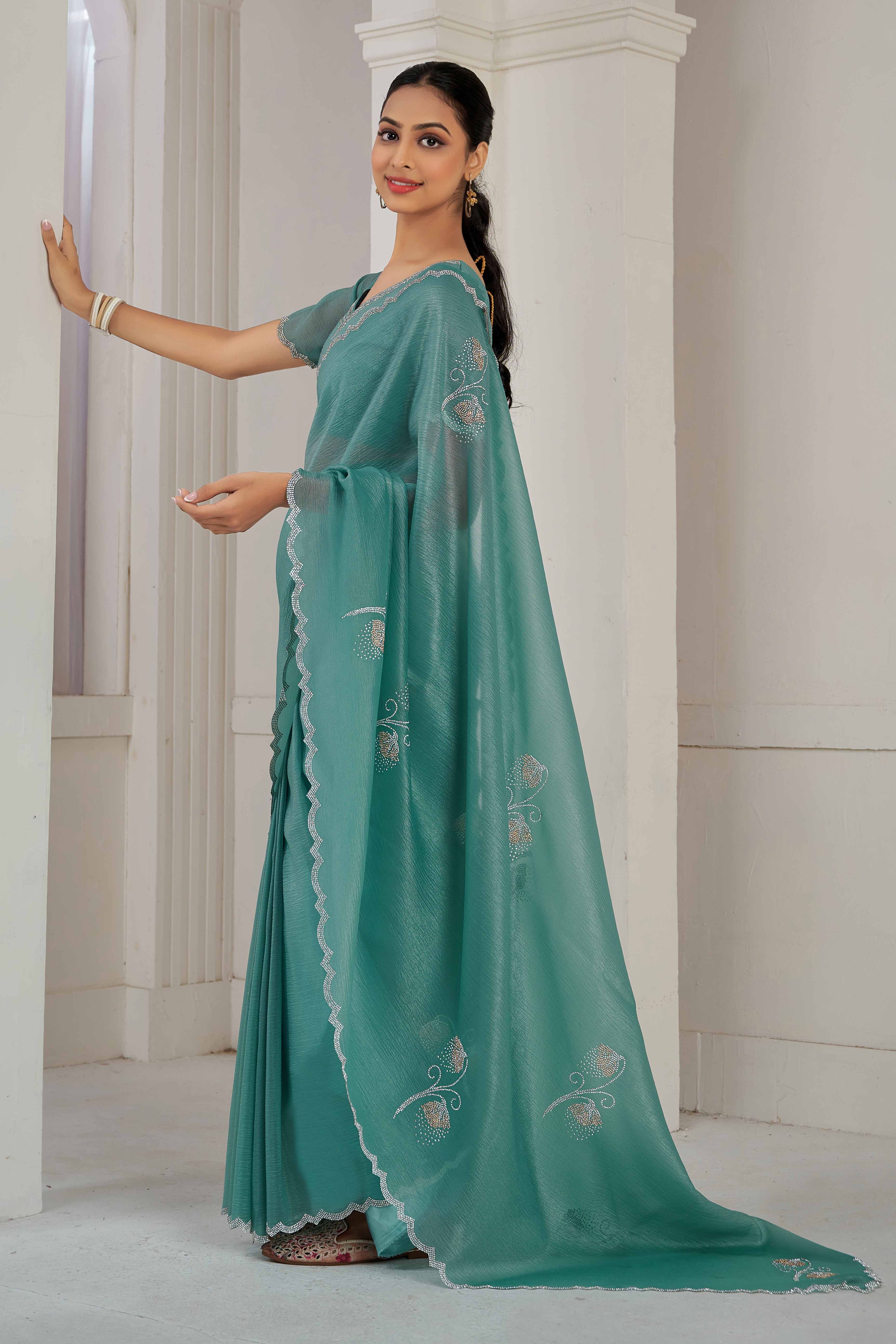 Teal Stone Work Embroidered Crepe Silk Saree - Image 4