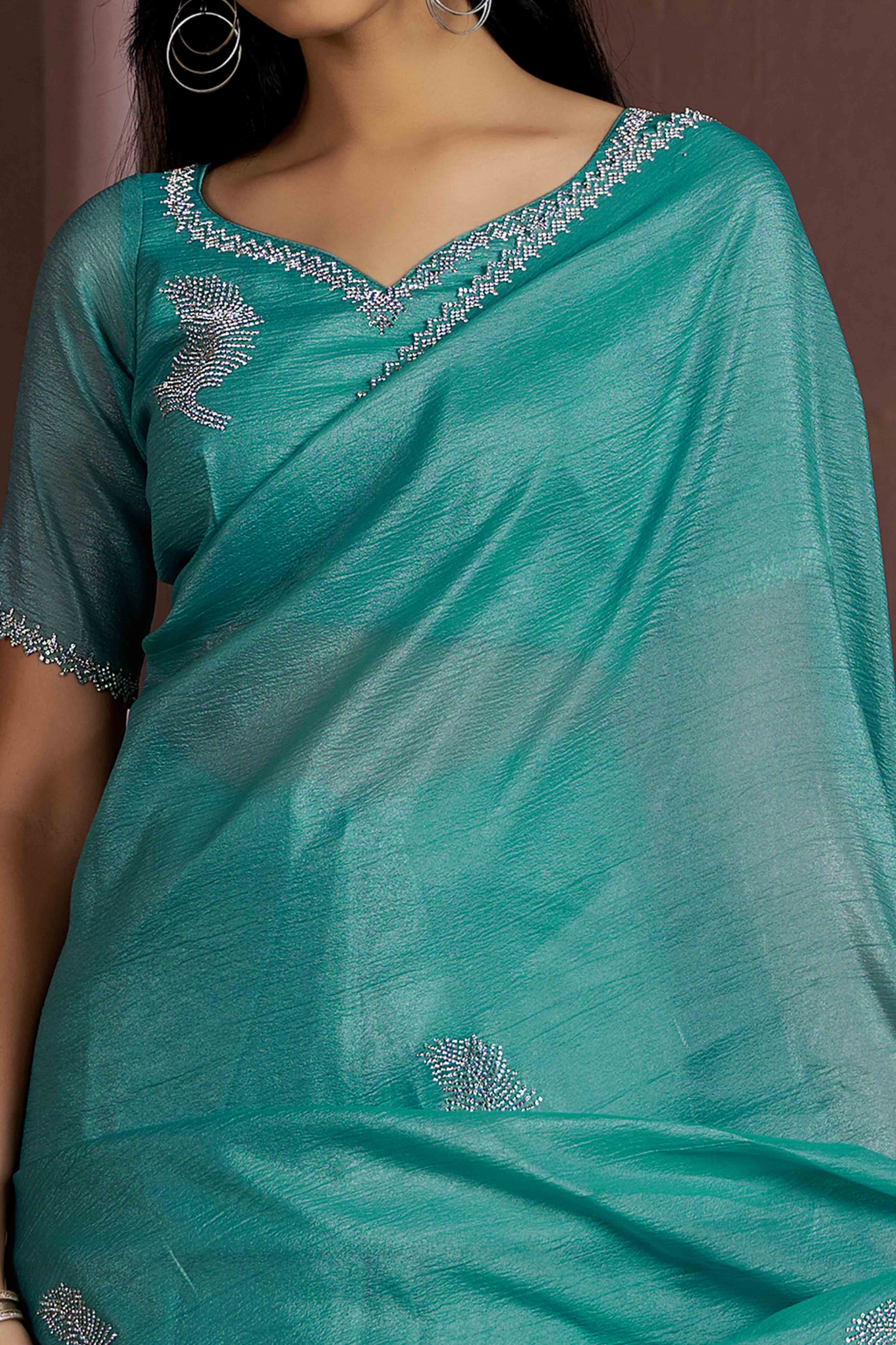 Teal Stone Work Embroidered Pure Silk Saree - Image 2