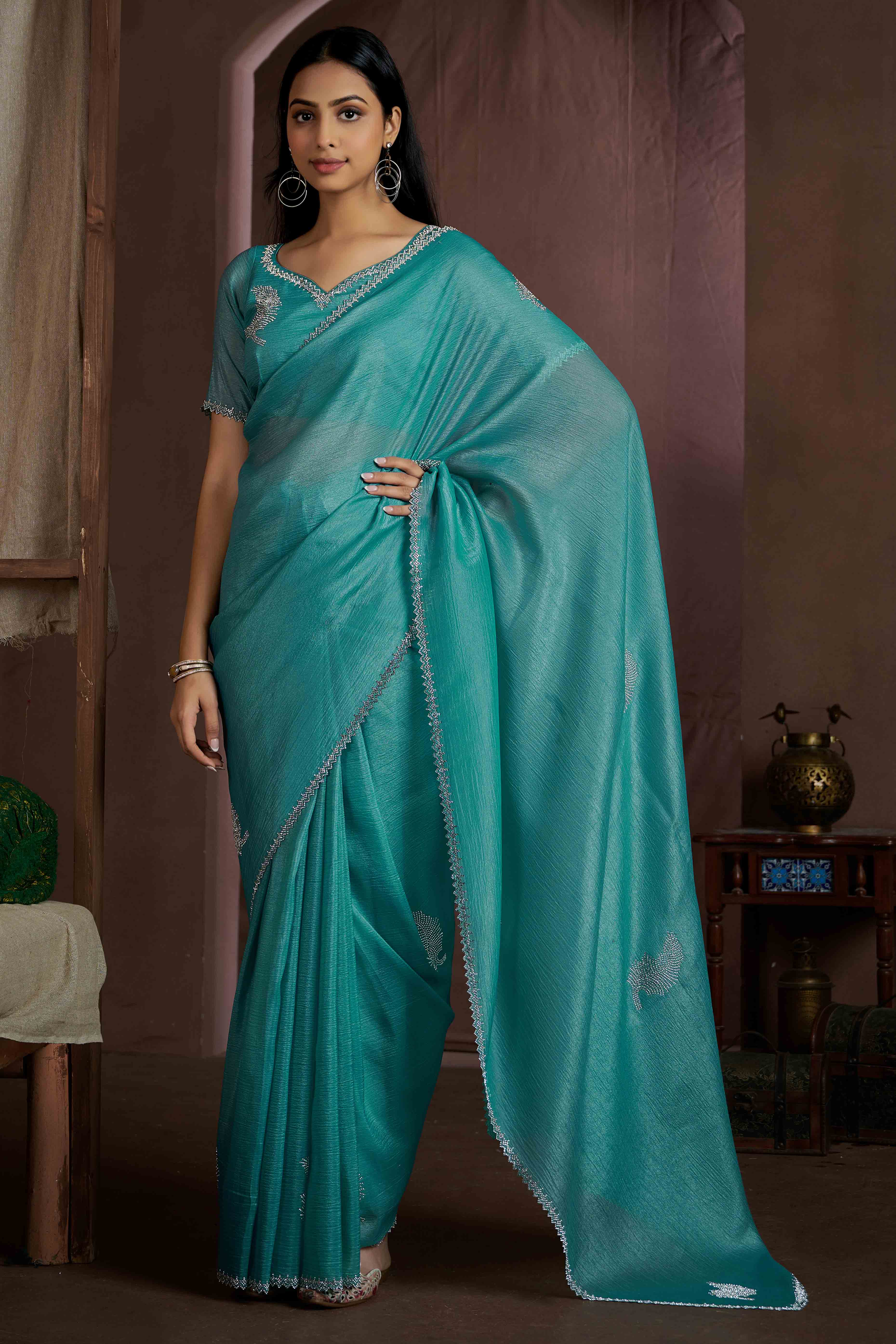 Teal Stone Work Embroidered Pure Silk Saree - Image 3