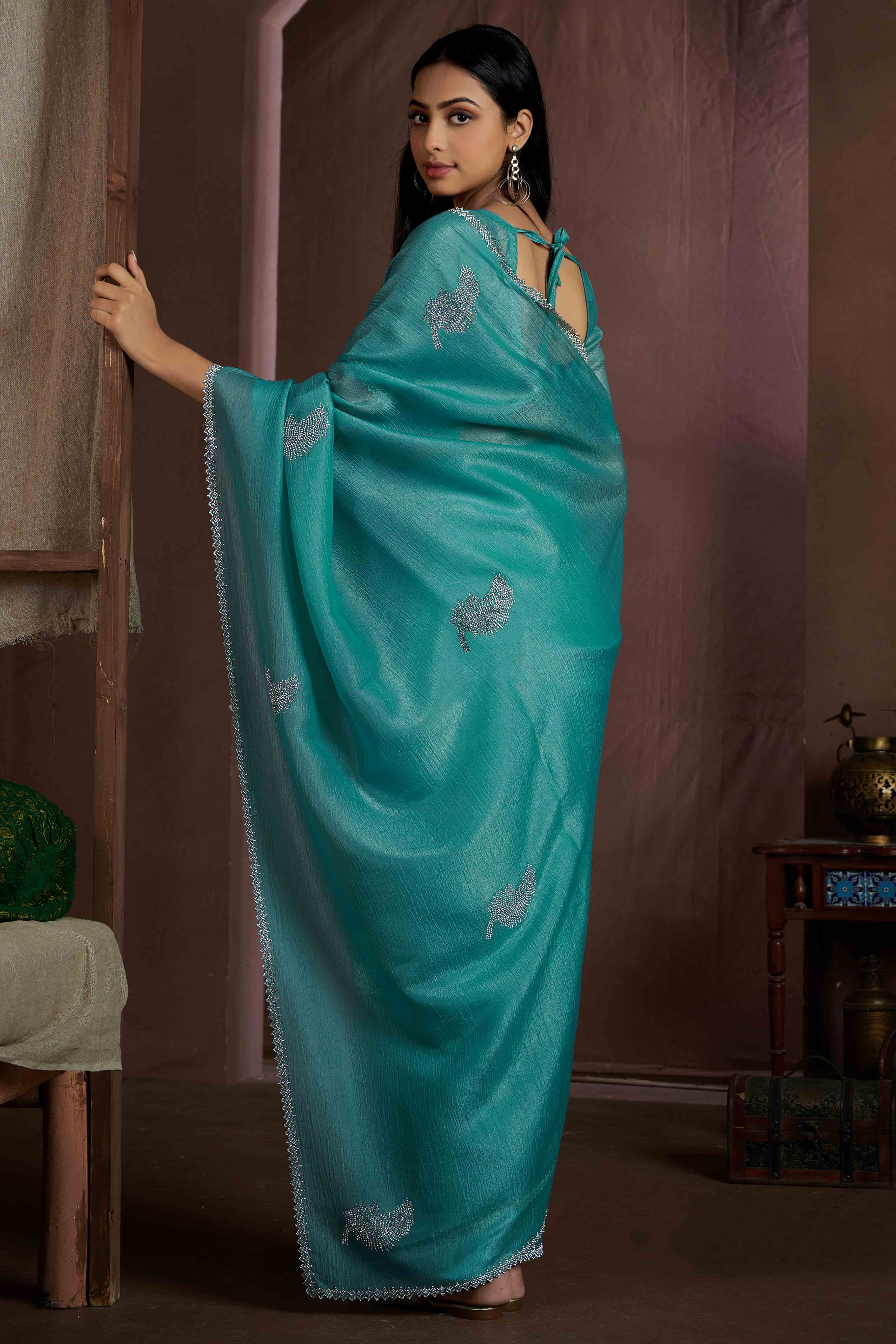 Teal Stone Work Embroidered Pure Silk Saree - Image 4