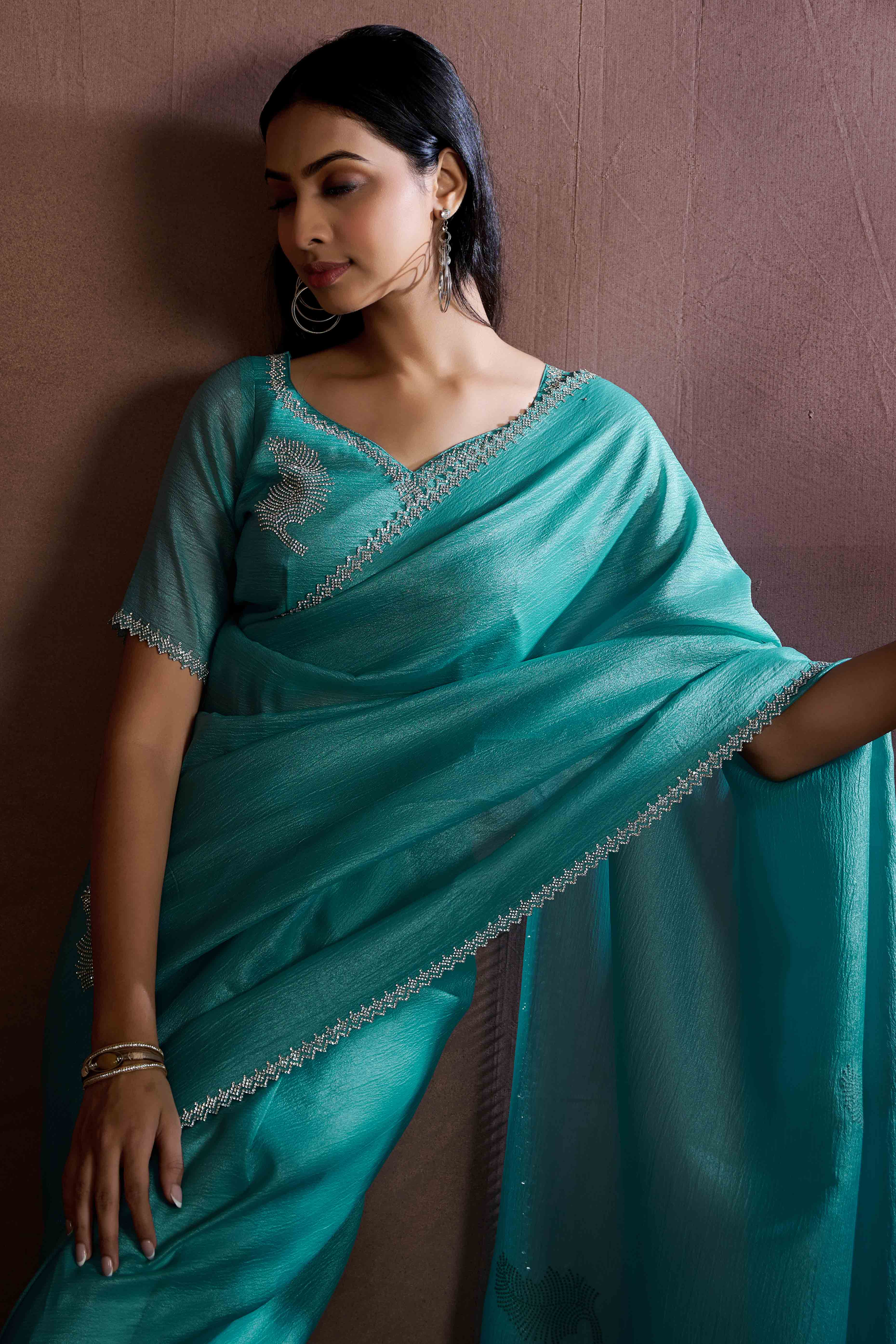 Teal Stone Work Embroidered Pure Silk Saree - Image 5