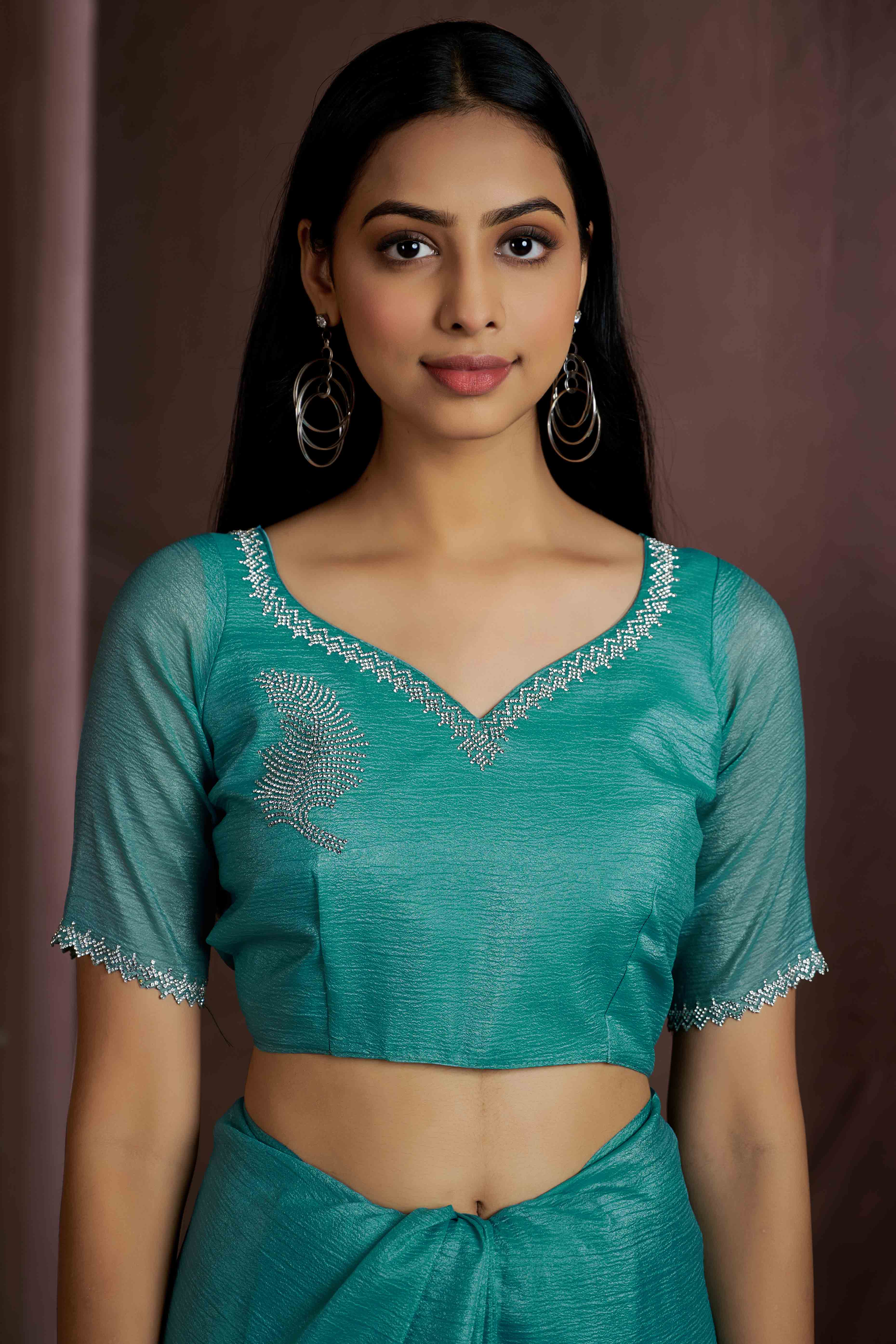 Teal Stone Work Embroidered Pure Silk Saree - Image 6