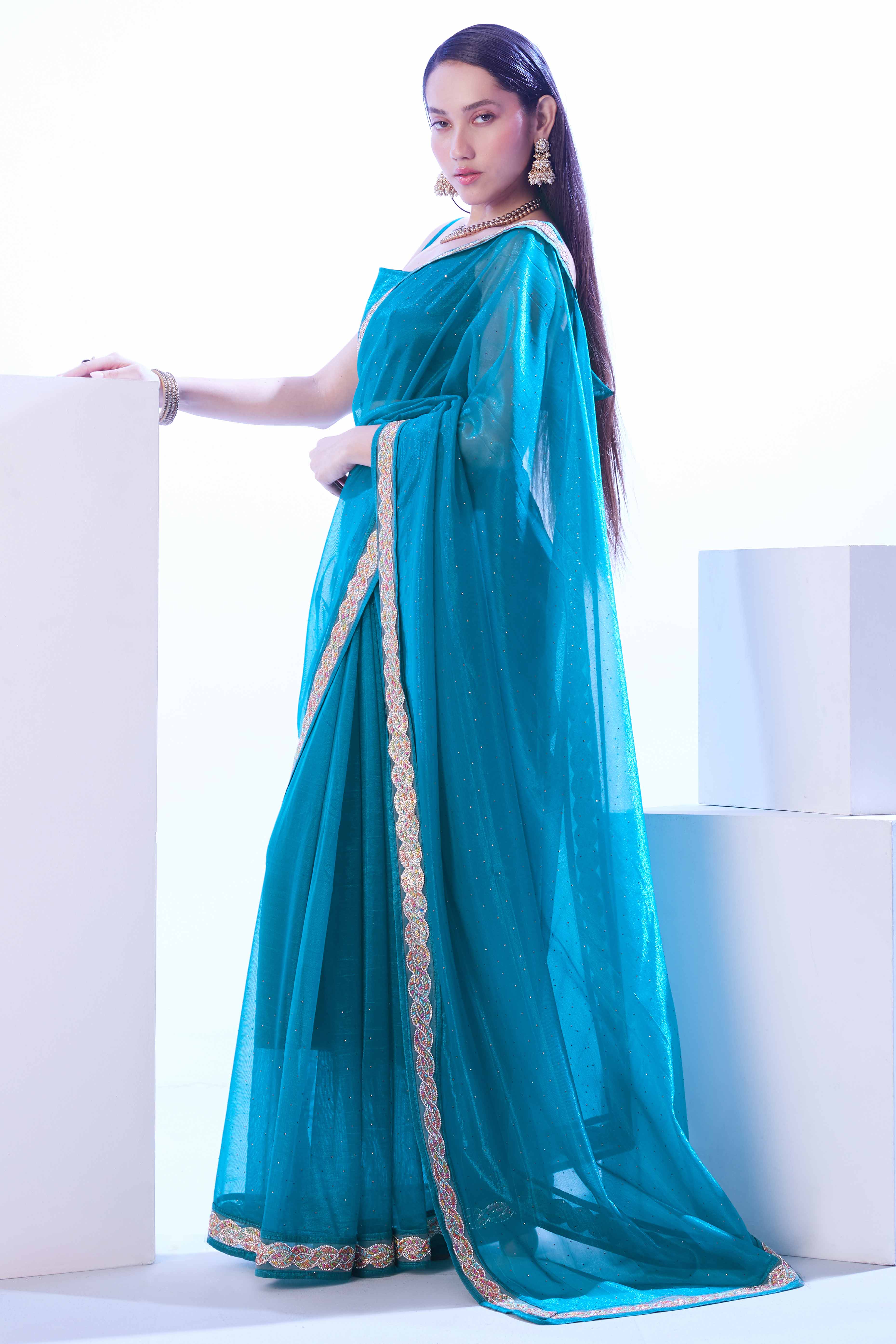 Teal Stone Work Net Solid Embroidered Saree for Party Wear - Image 3