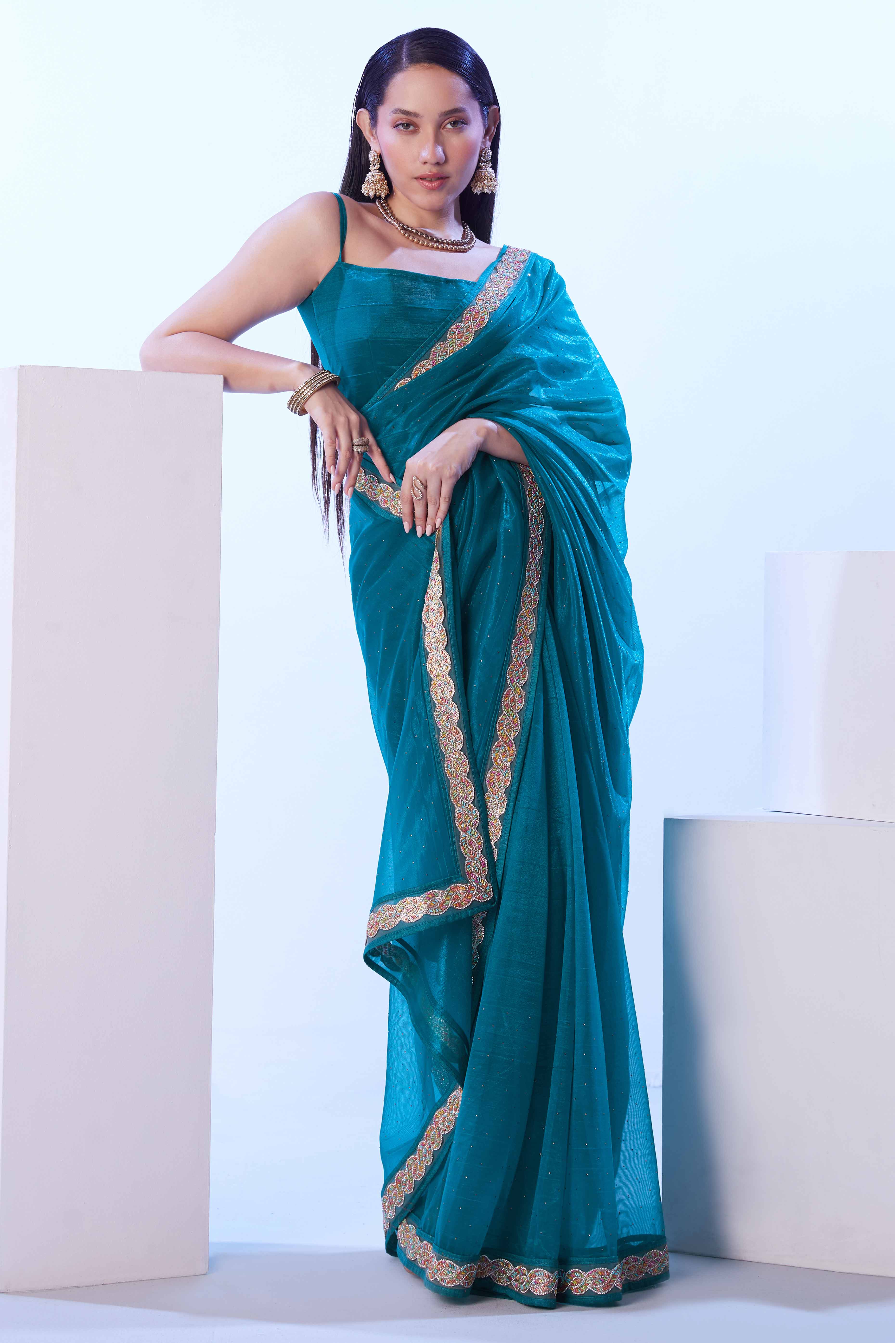 Teal Stone Work Net Solid Embroidered Saree for Party Wear - Image 4