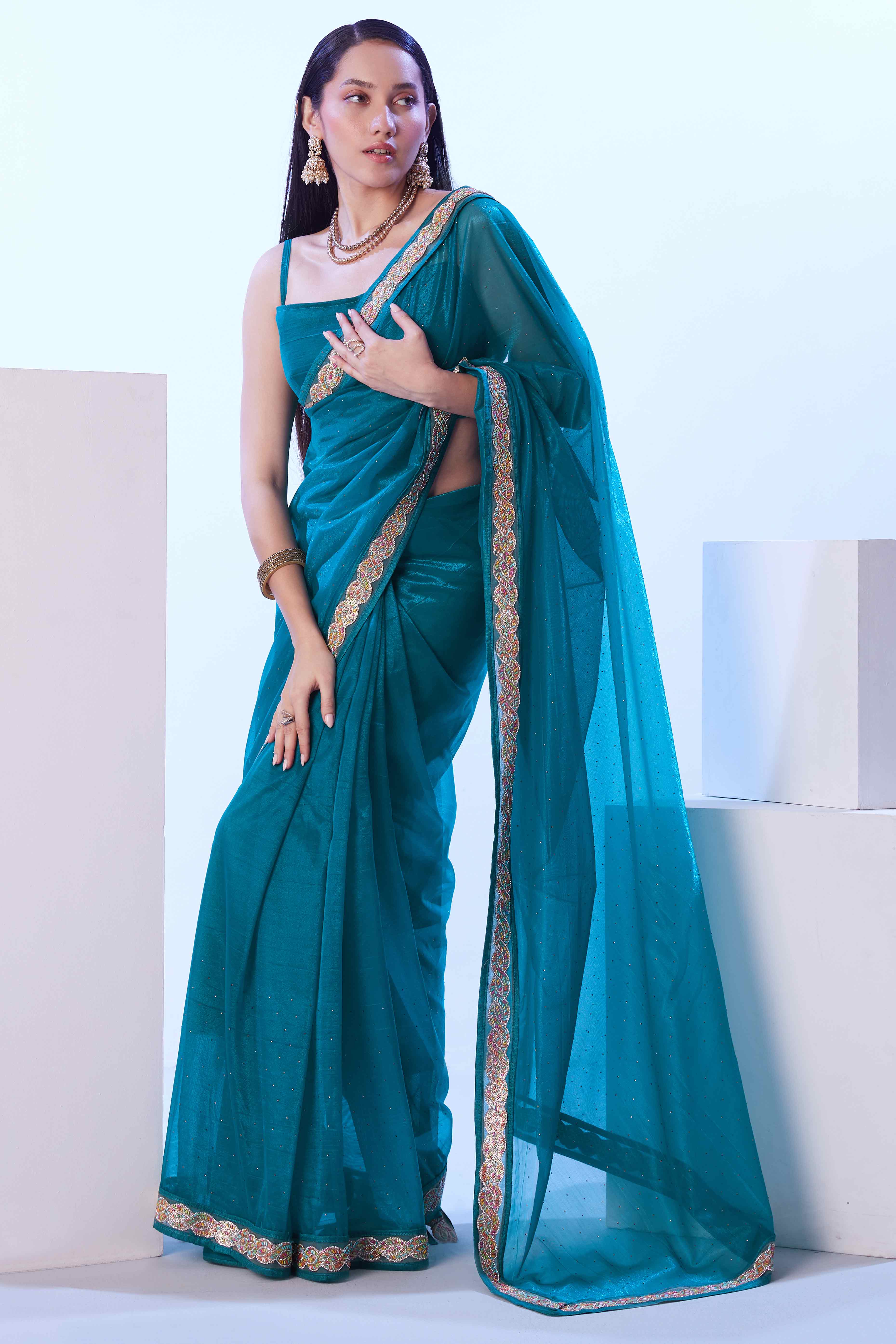 Teal Stone Work Net Solid Embroidered Saree for Party Wear - Image 5