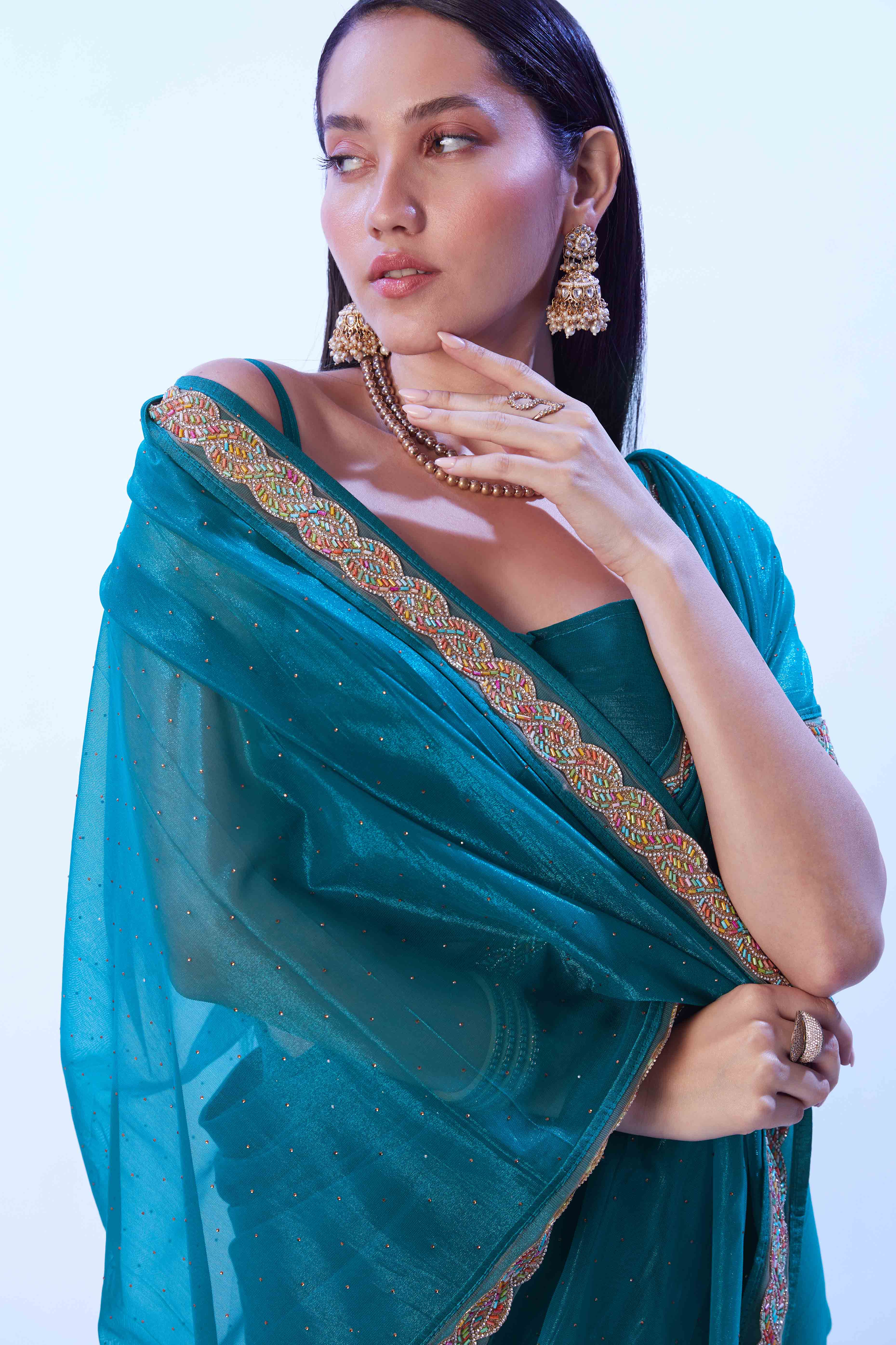 Teal Stone Work Net Solid Embroidered Saree for Party Wear - Image 7