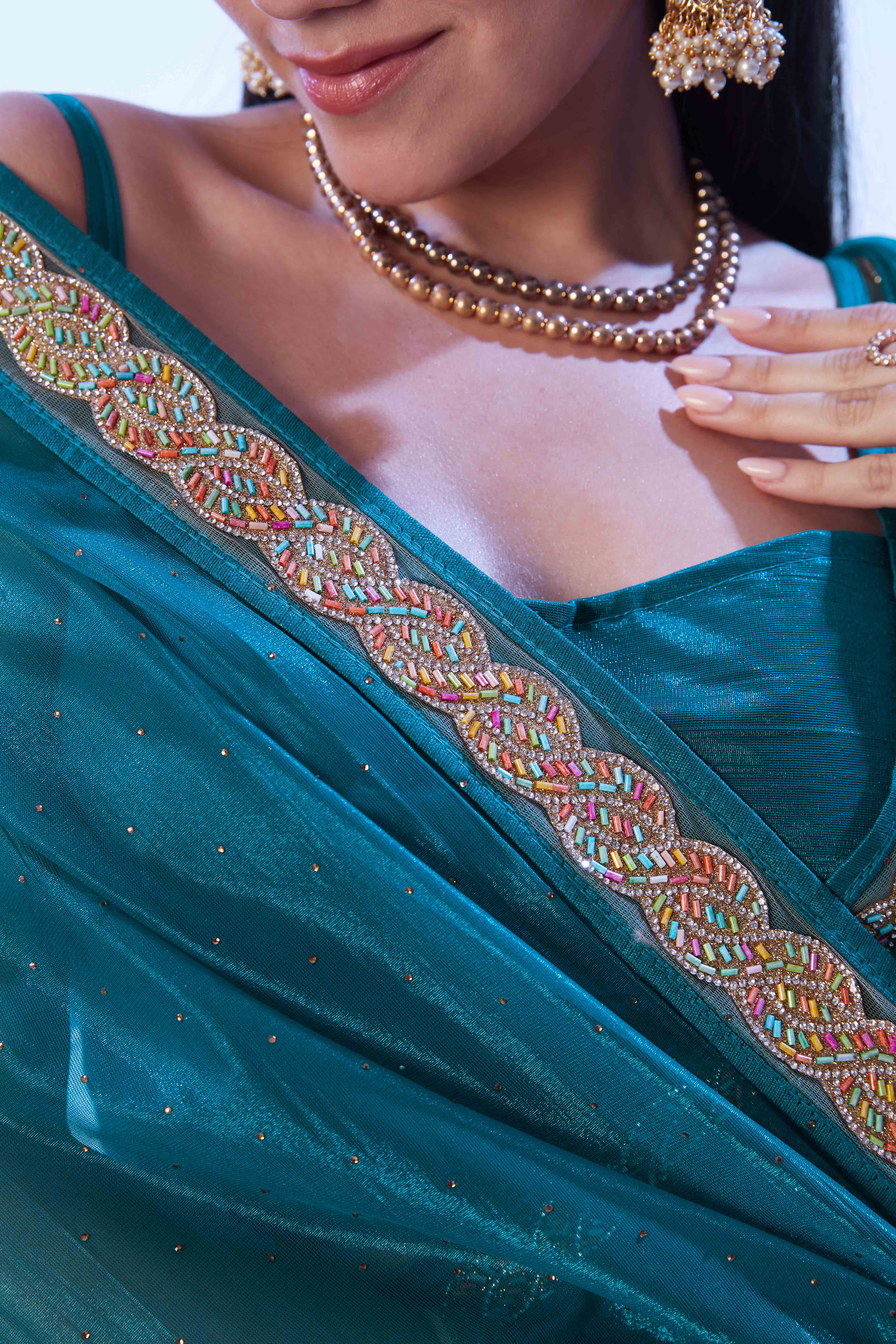 Teal Stone Work Net Solid Embroidered Saree for Party Wear - Image 9