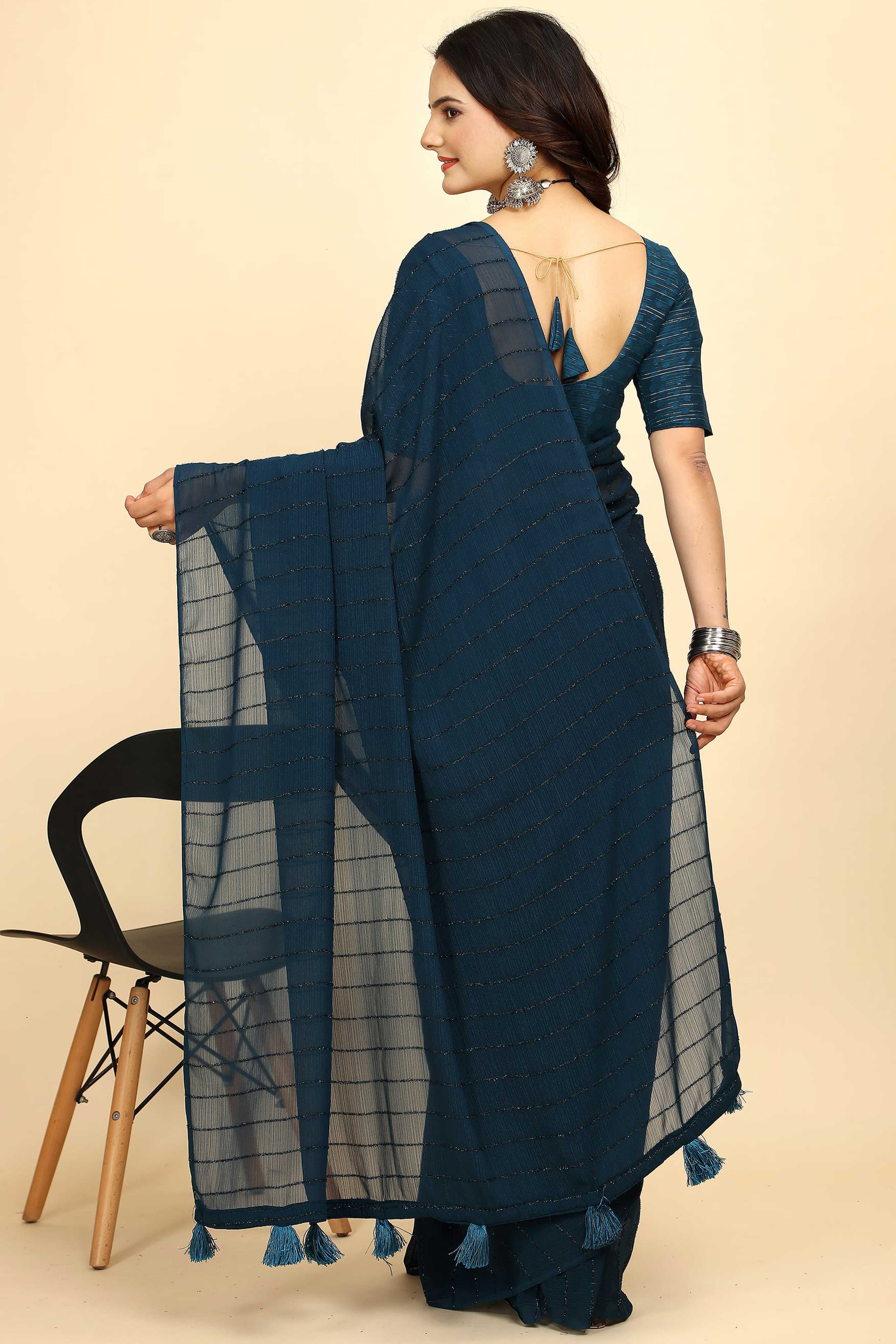Teal Striped Zari Woven Chiffon Saree With Tassels - Image 5