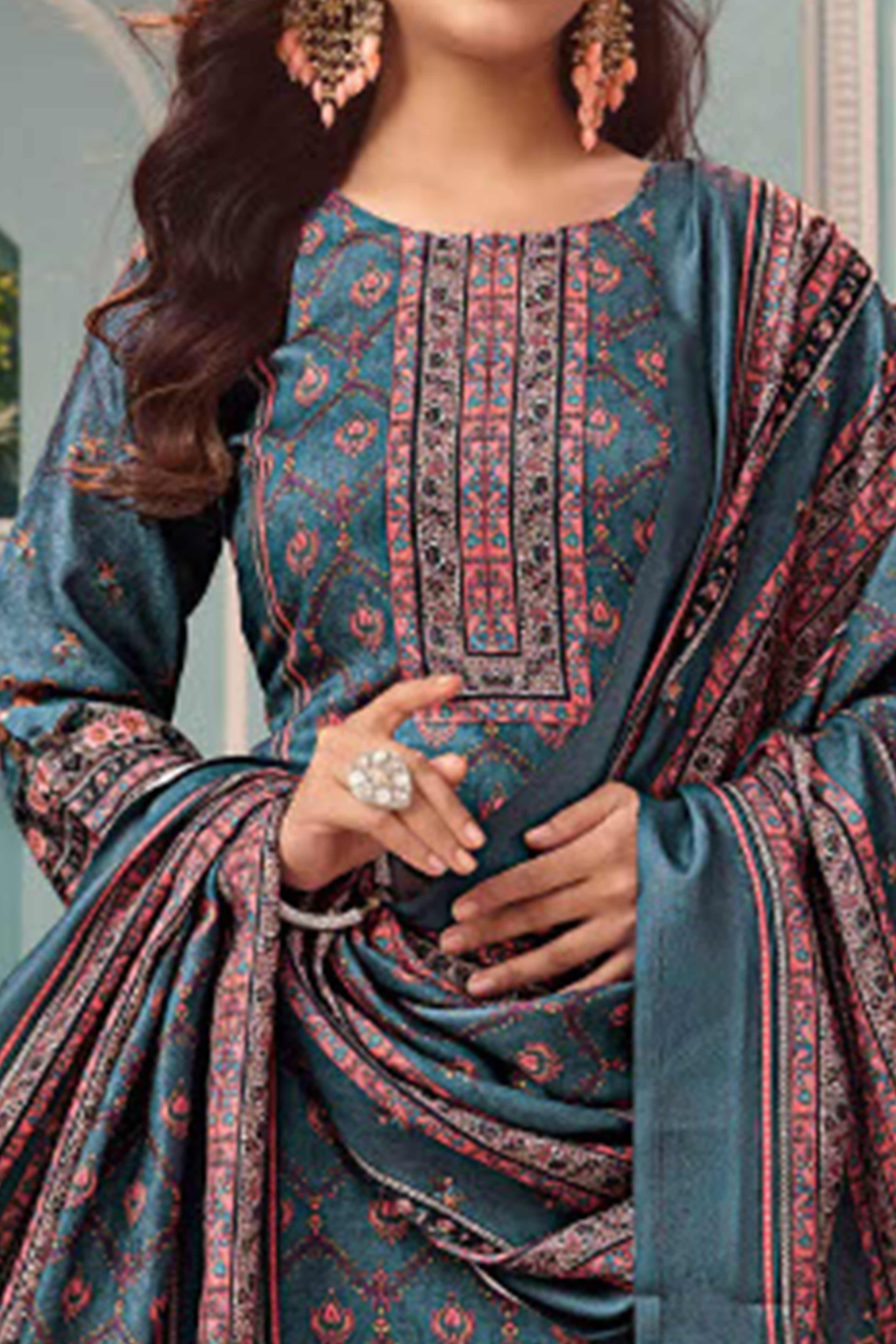 Teal Stylish Floral Printed Pashmina Dress Material for Graceful Winter Outfits - Image 2