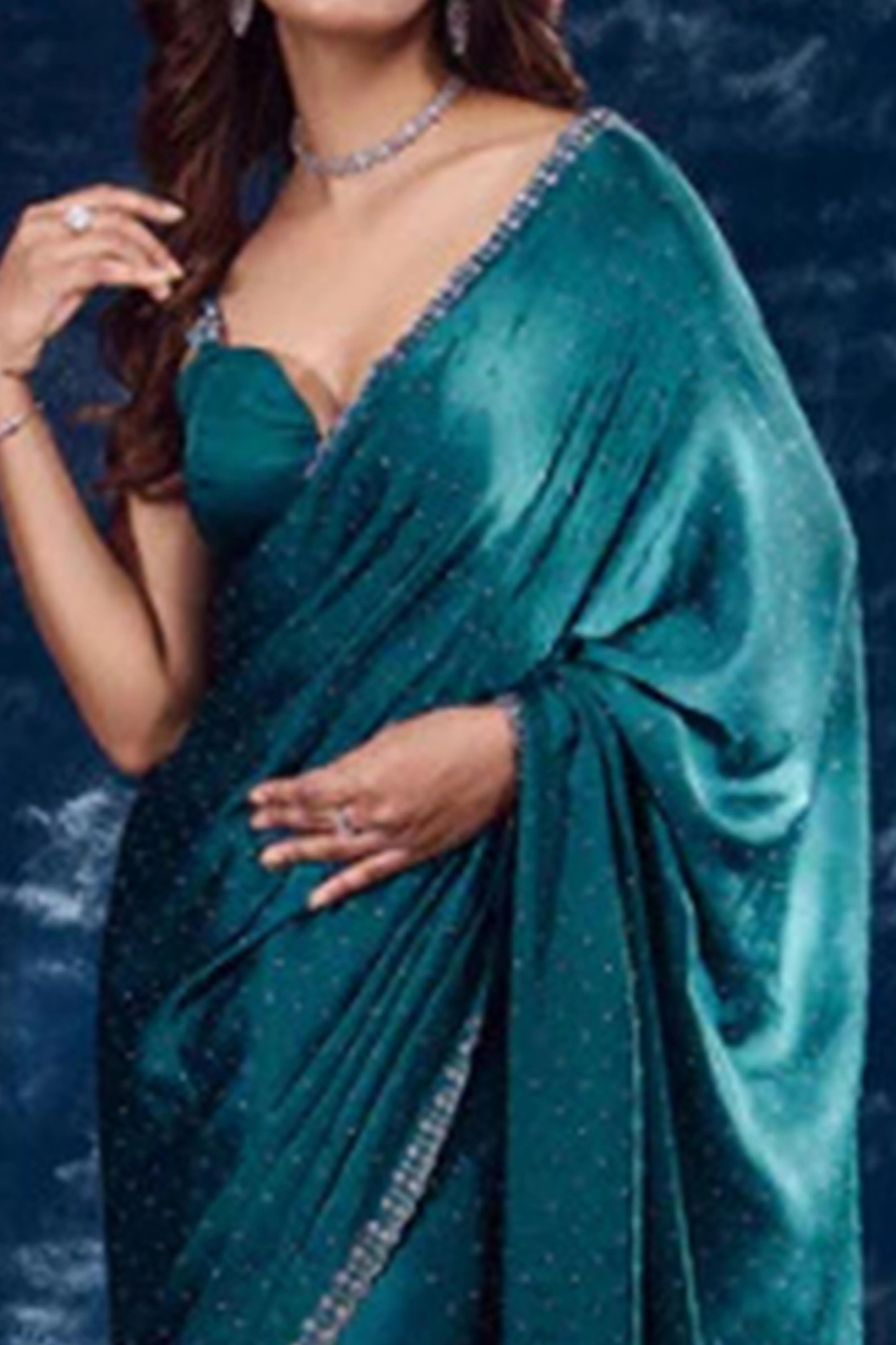 Teal Swarovski Work Embellished Satin Saree - Image 2