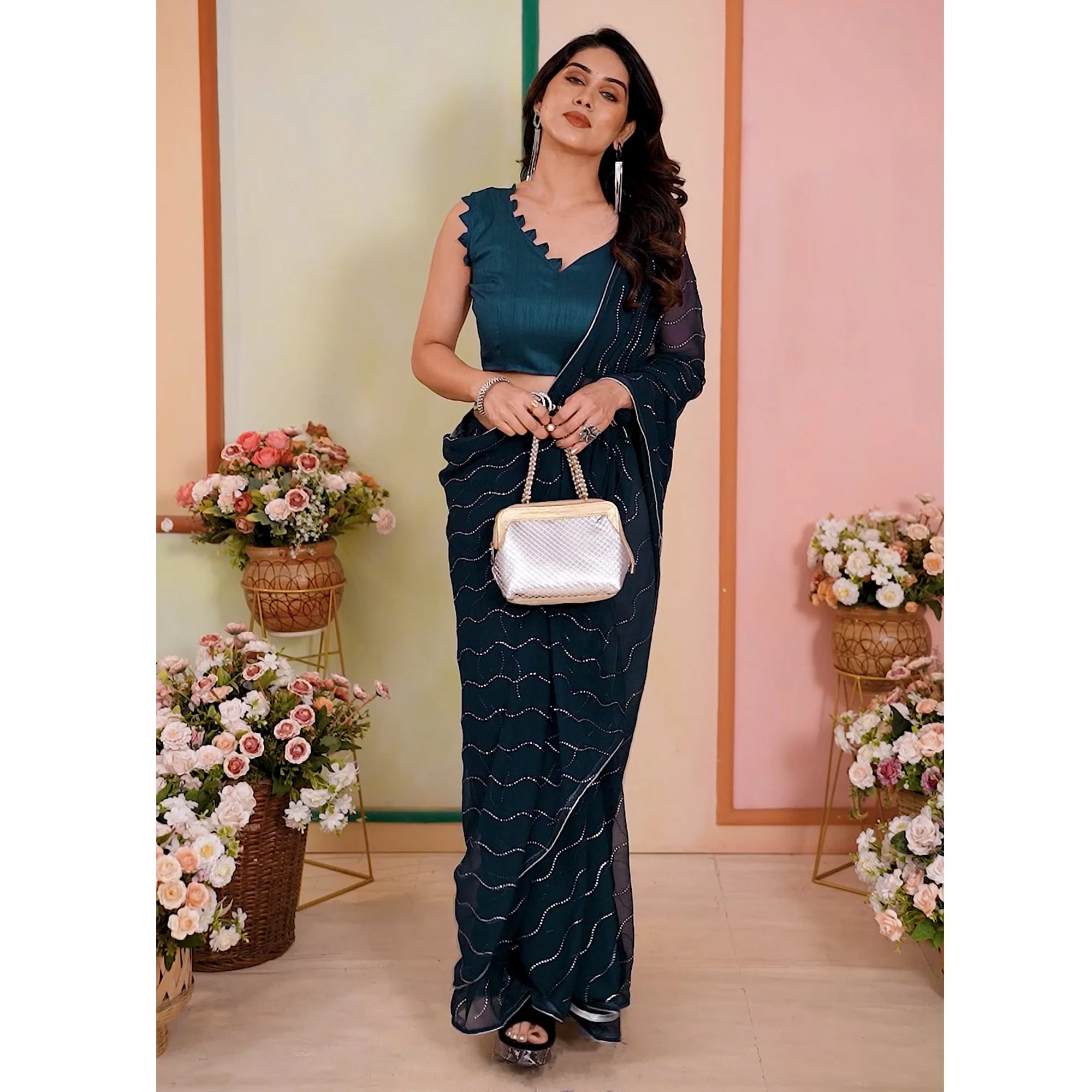 Teal Swarovski Work Embroidered Georgette Saree - Image 5
