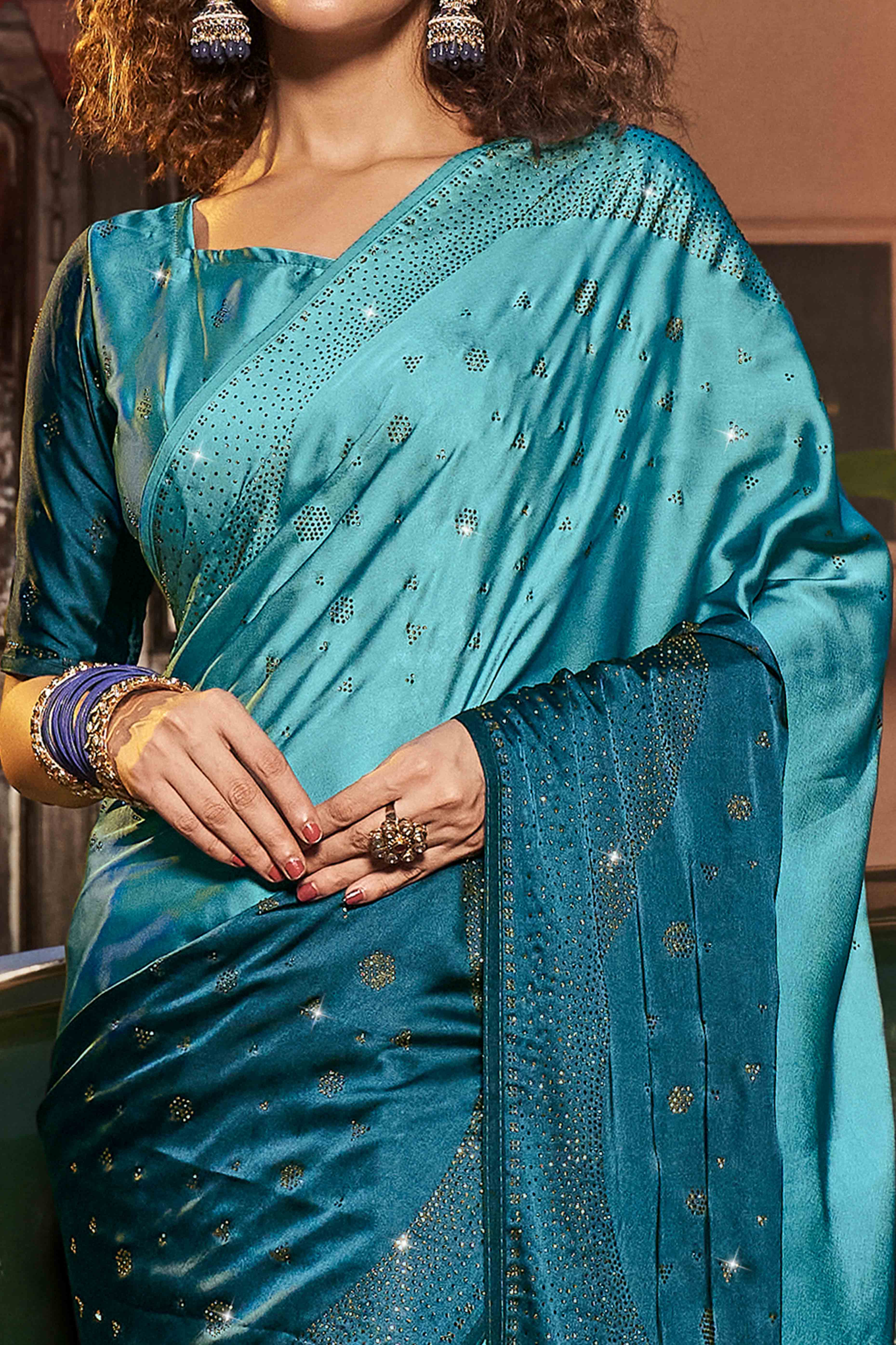 Teal Swarovski Work Embroidered Ombre Satin Saree - Image 2