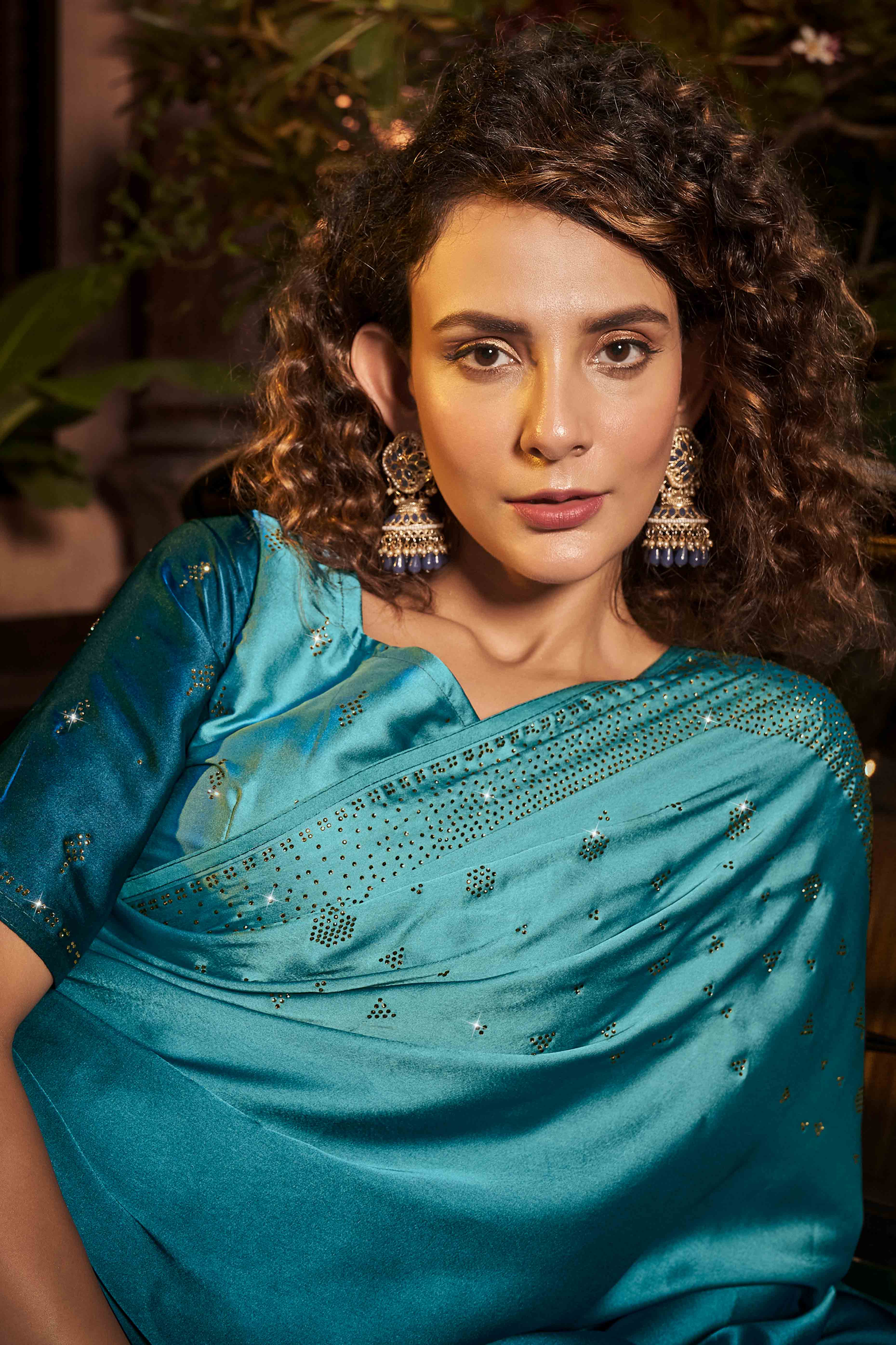 Teal Swarovski Work Embroidered Ombre Satin Saree - Image 3