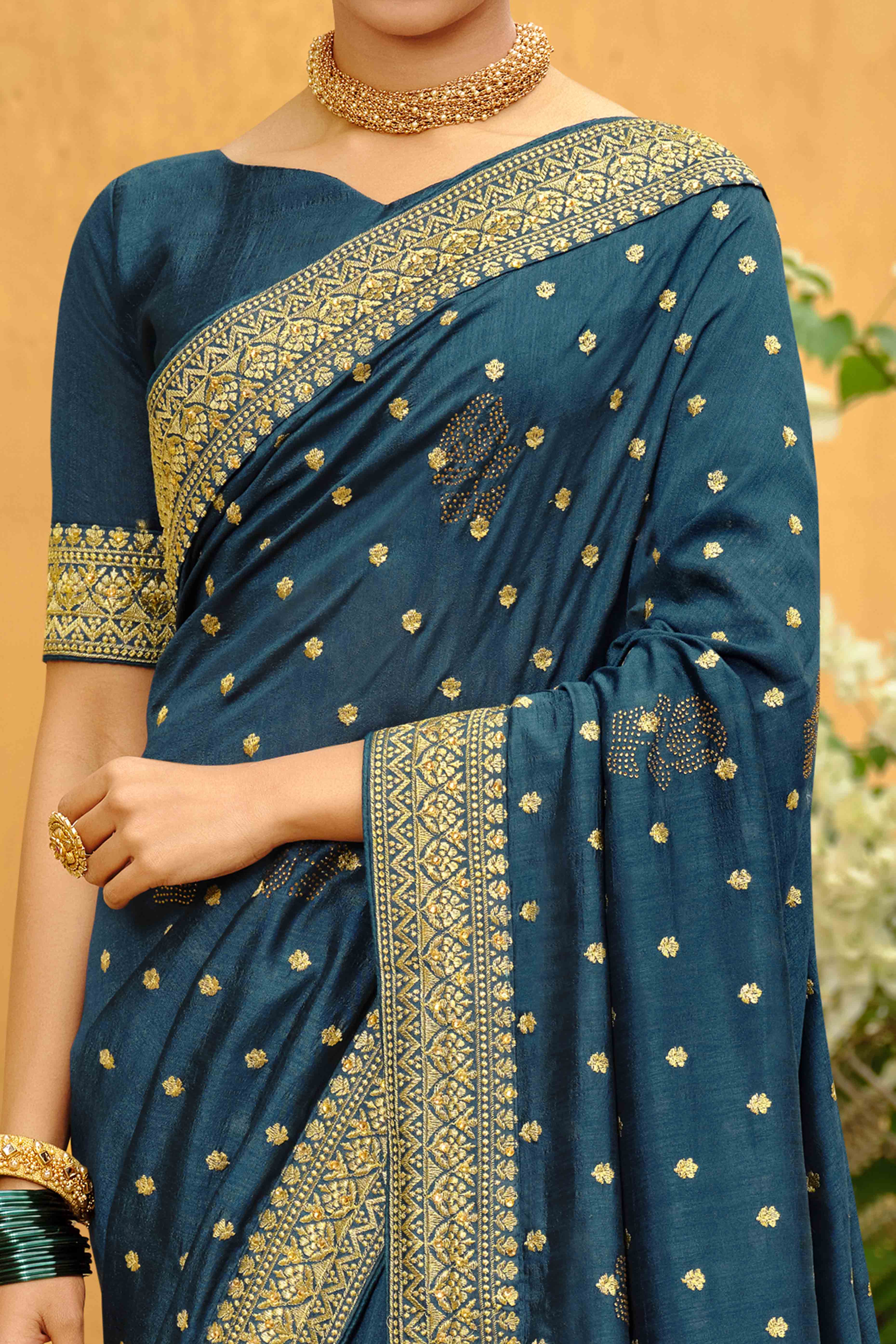 Teal Swarovski Work Embroidered Vichitra Silk Saree - Image 2