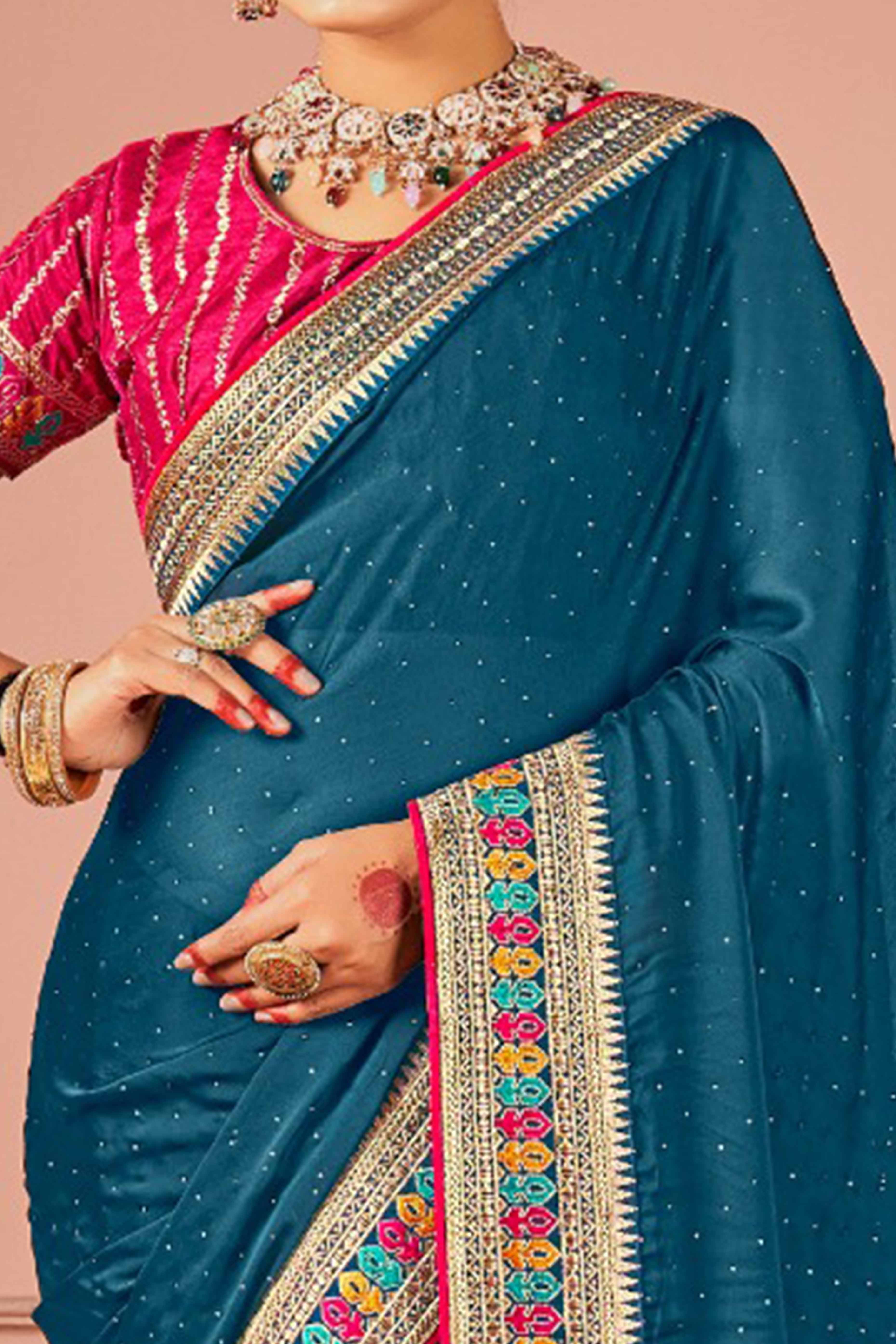 Teal Swarovski Work Satin Rangoli Saree With Embroidered Border - Image 2