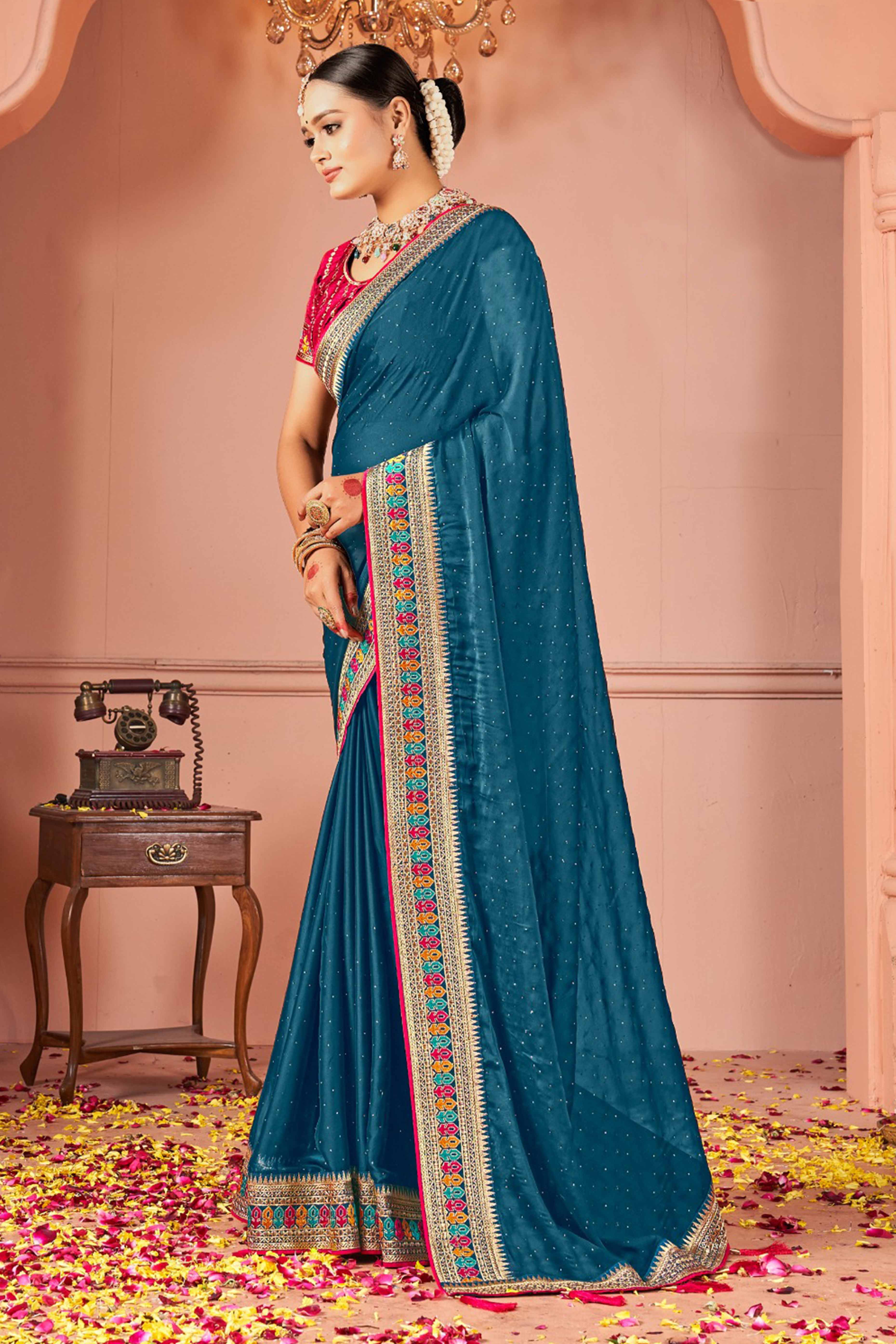 Teal Swarovski Work Satin Rangoli Saree With Embroidered Border - Image 3
