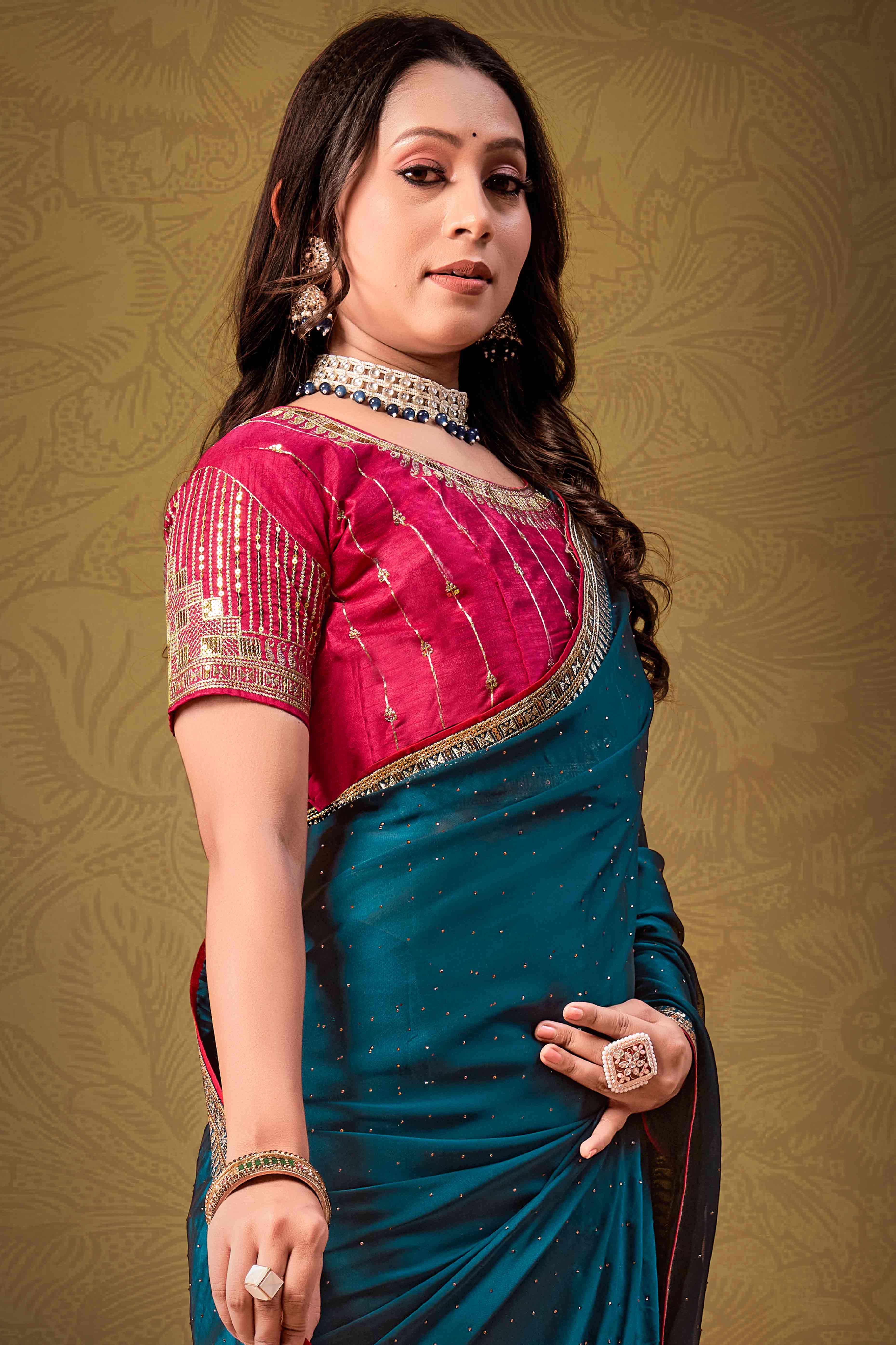 Teal Swarovski Work Satin Saree With Designer Border - Image 3