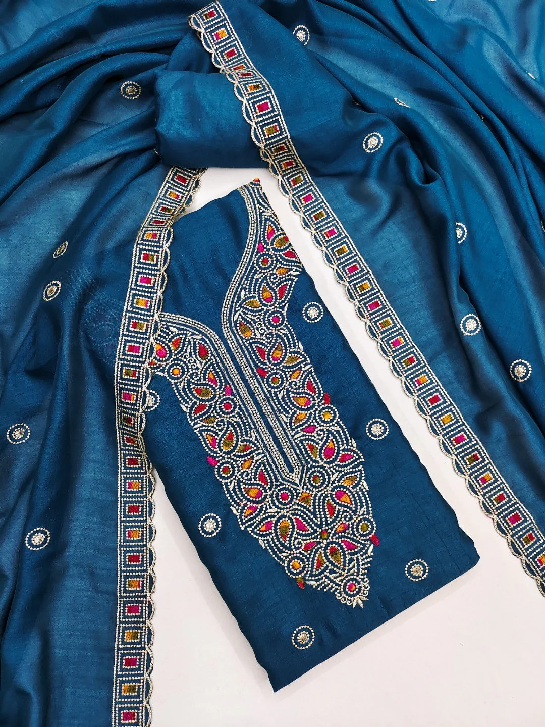 Teal Thread Embroidered Vichitra Silk Dress Material - Image 2