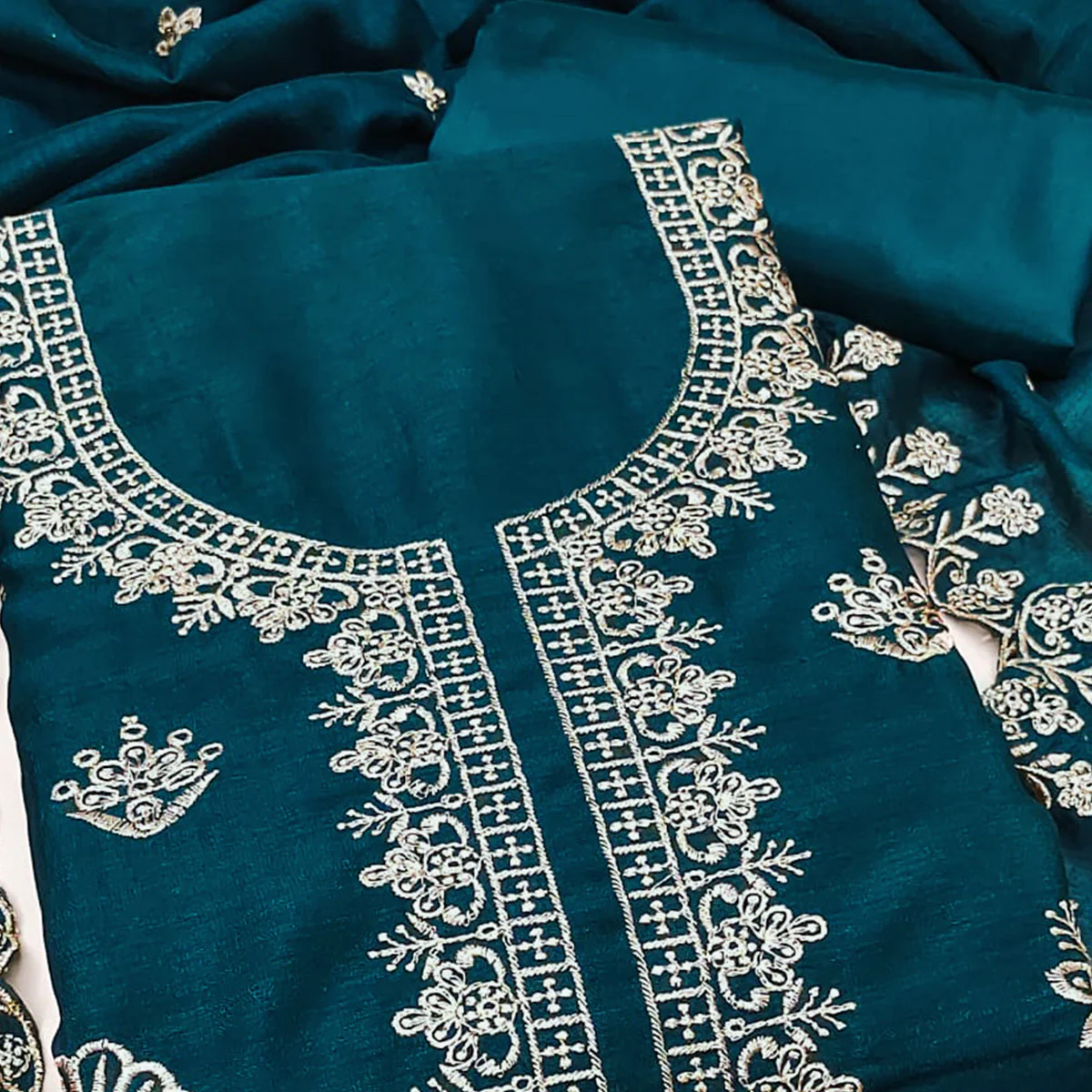 Teal Thread Embroidered Vichitra Silk Dress Material Perfect for Party & Festive Wear - Image 2