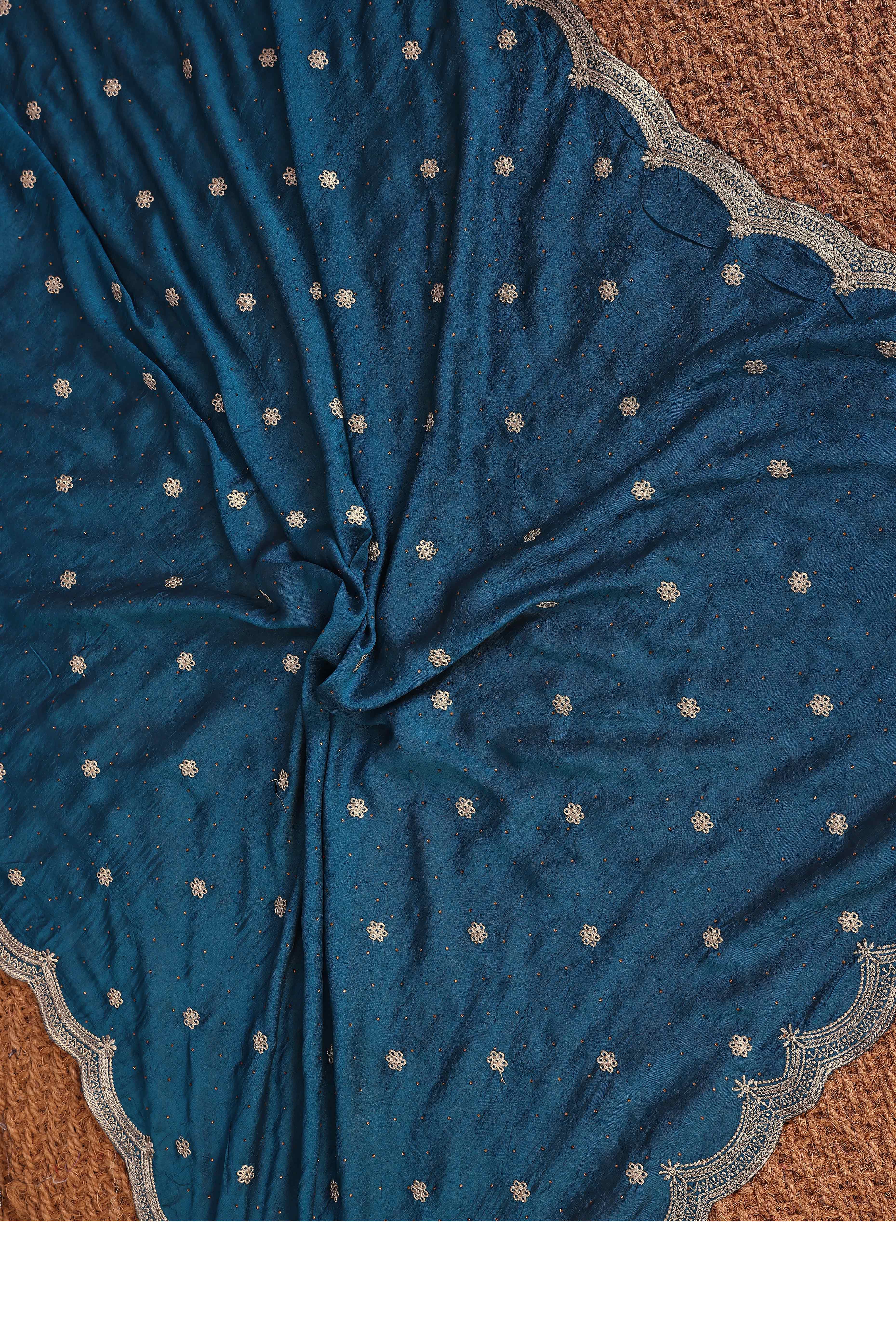 Teal Thread Work Embroidered Vichitra Silk Saree Stunning Partywear with Luxurious Finish - Image 8