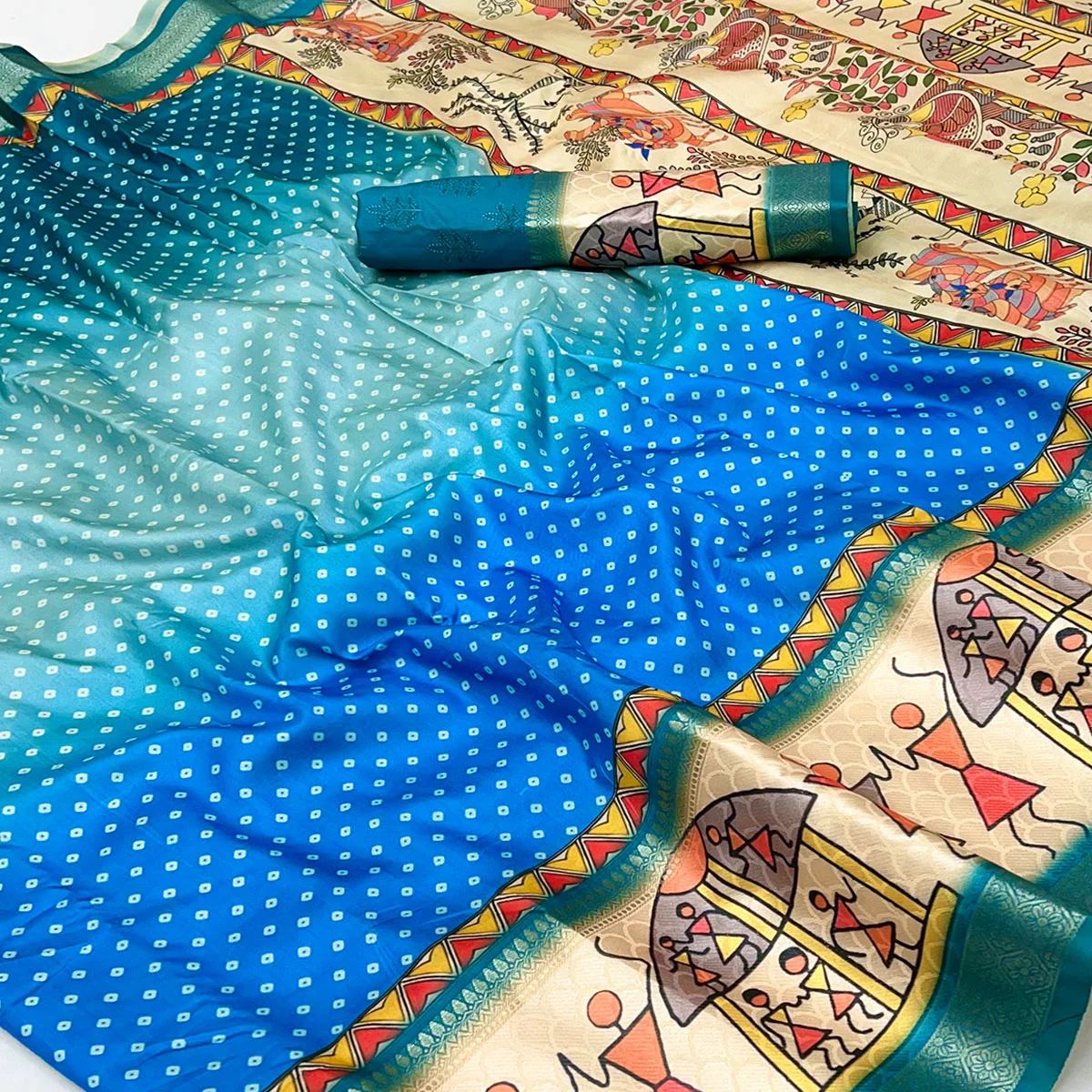 Teal Traditional Bandhani & Warli Digital Printed Silk Blend Saree With Weaving Border - Image 2