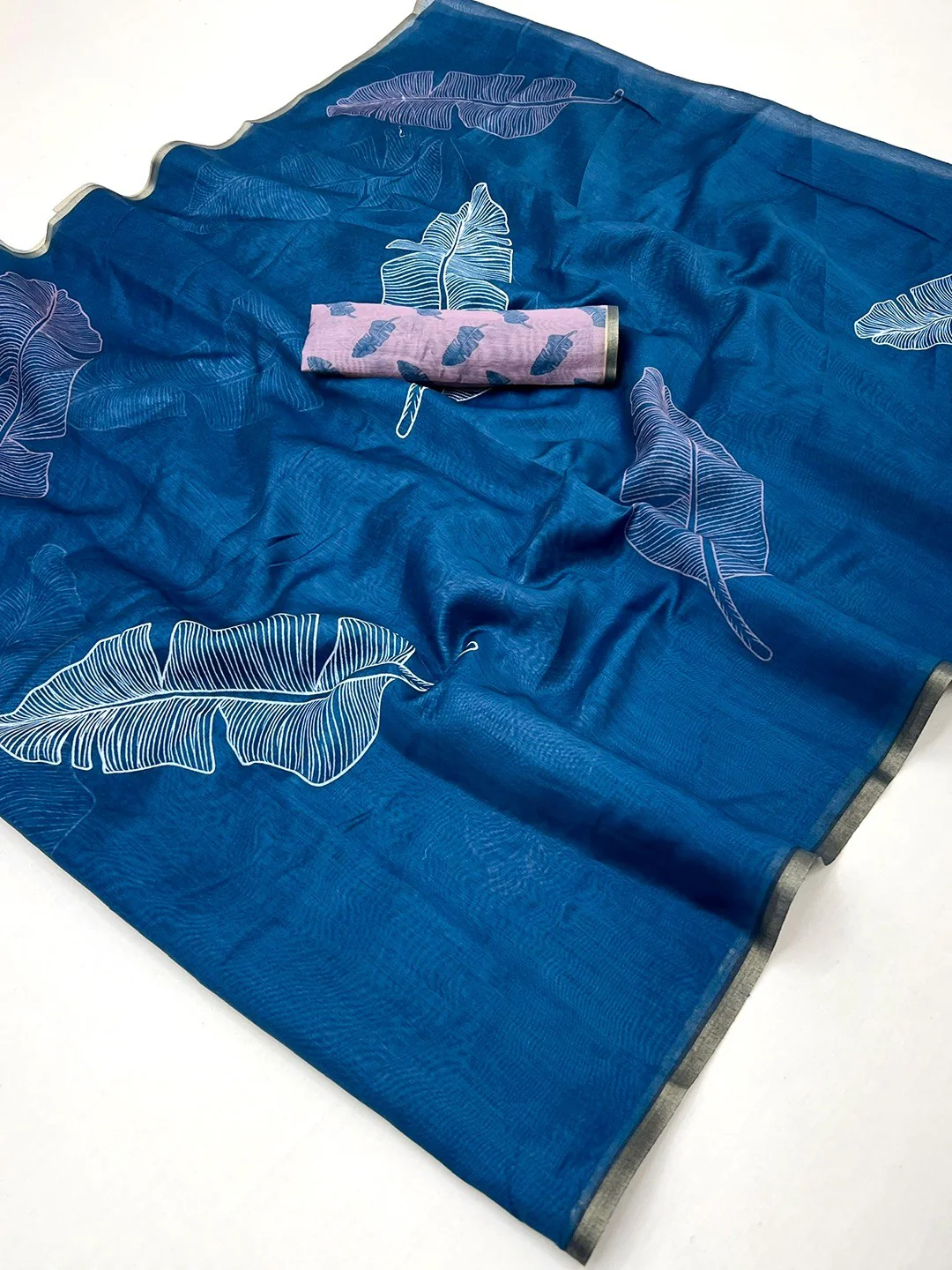 Teal Tussar Silk Saree with Leaf Print and Matching Blouse - Image 2