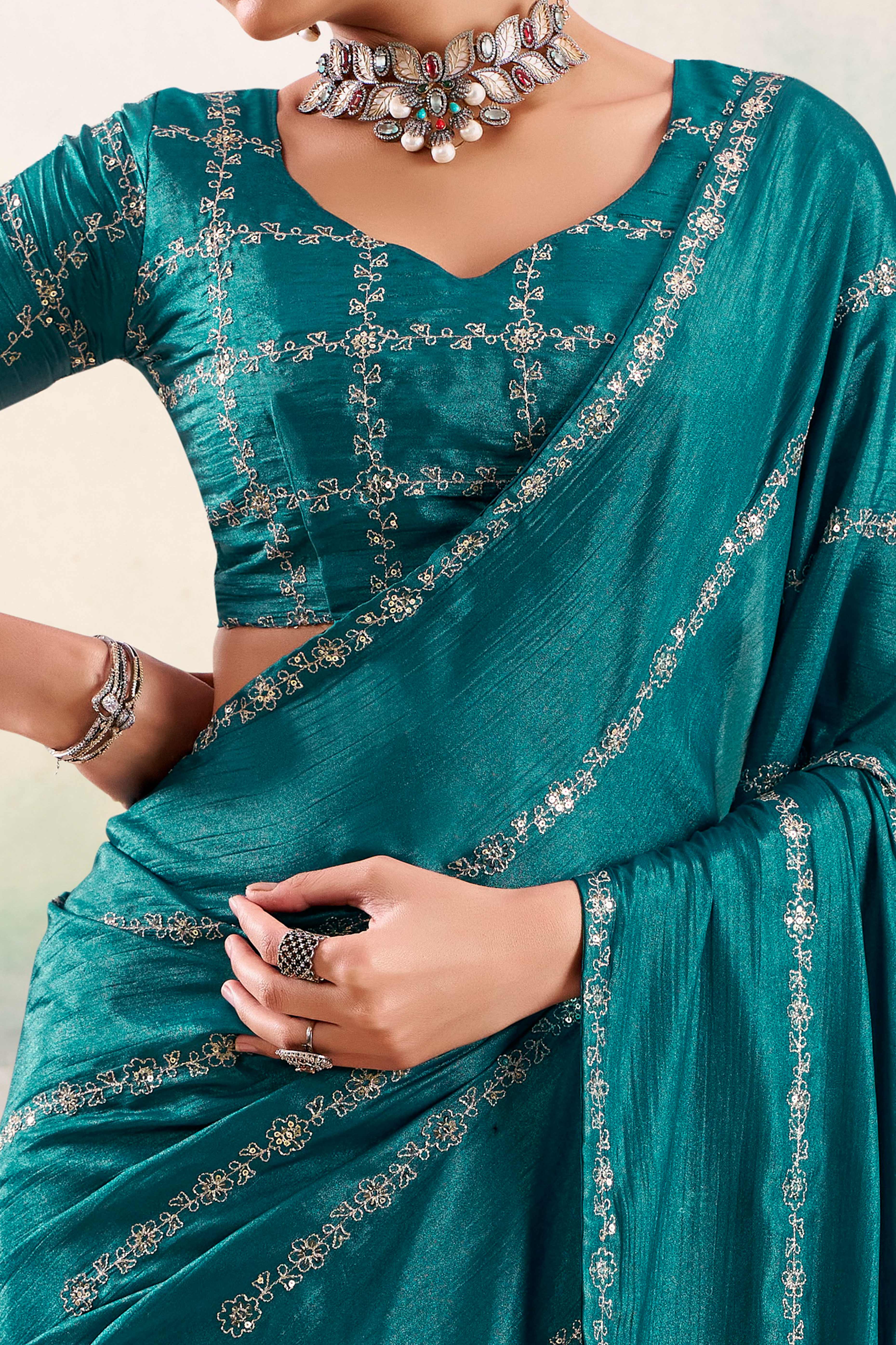 Teal Two Tone Chiffon Saree Adorned With Floral Cording Embroidery & Sequins Work - Image 2