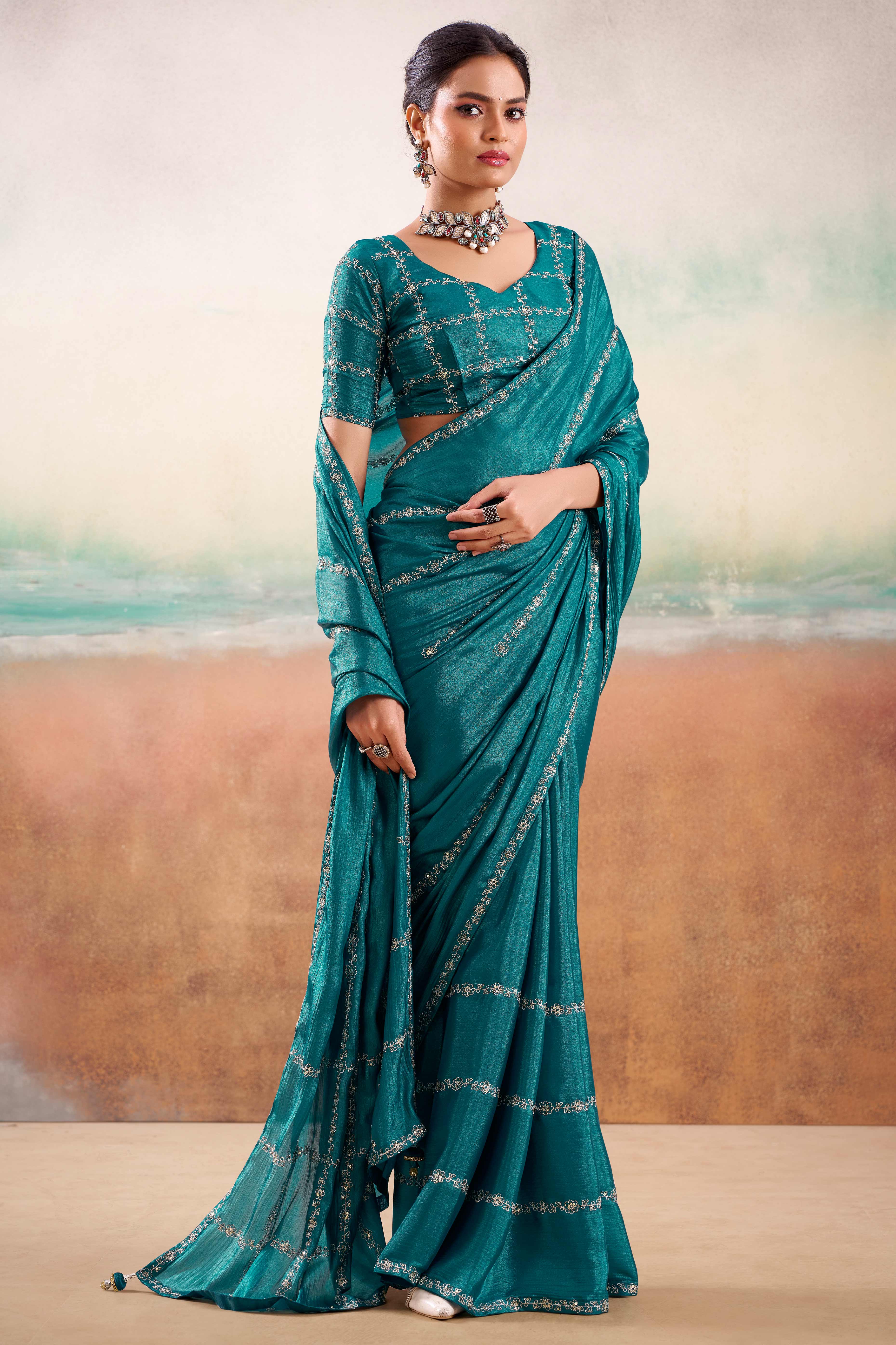 Teal Two Tone Chiffon Saree Adorned With Floral Cording Embroidery & Sequins Work - Image 3