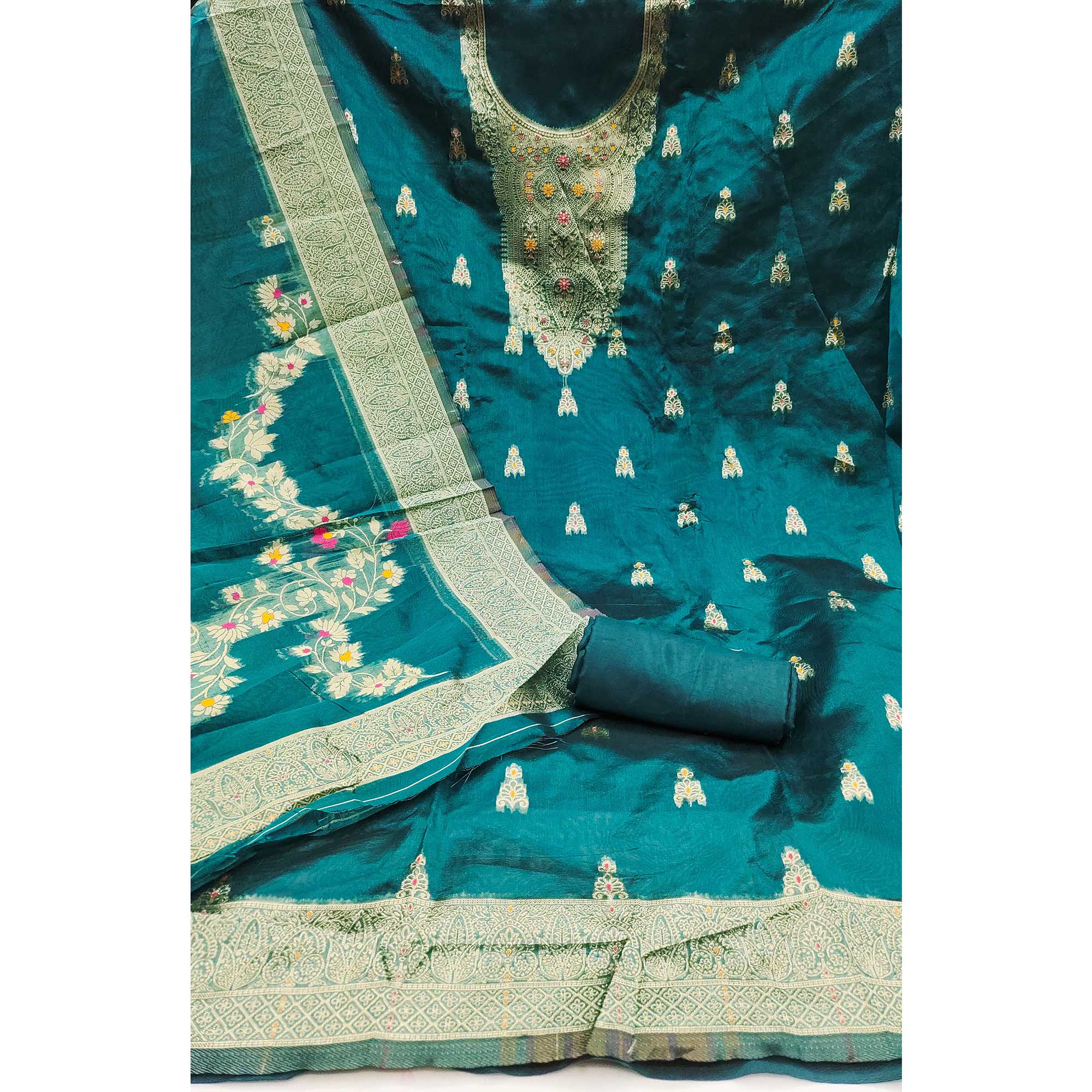 Teal Unstitched Dress Material in Sheer Chanderi Silk with Zari Work - Image 3