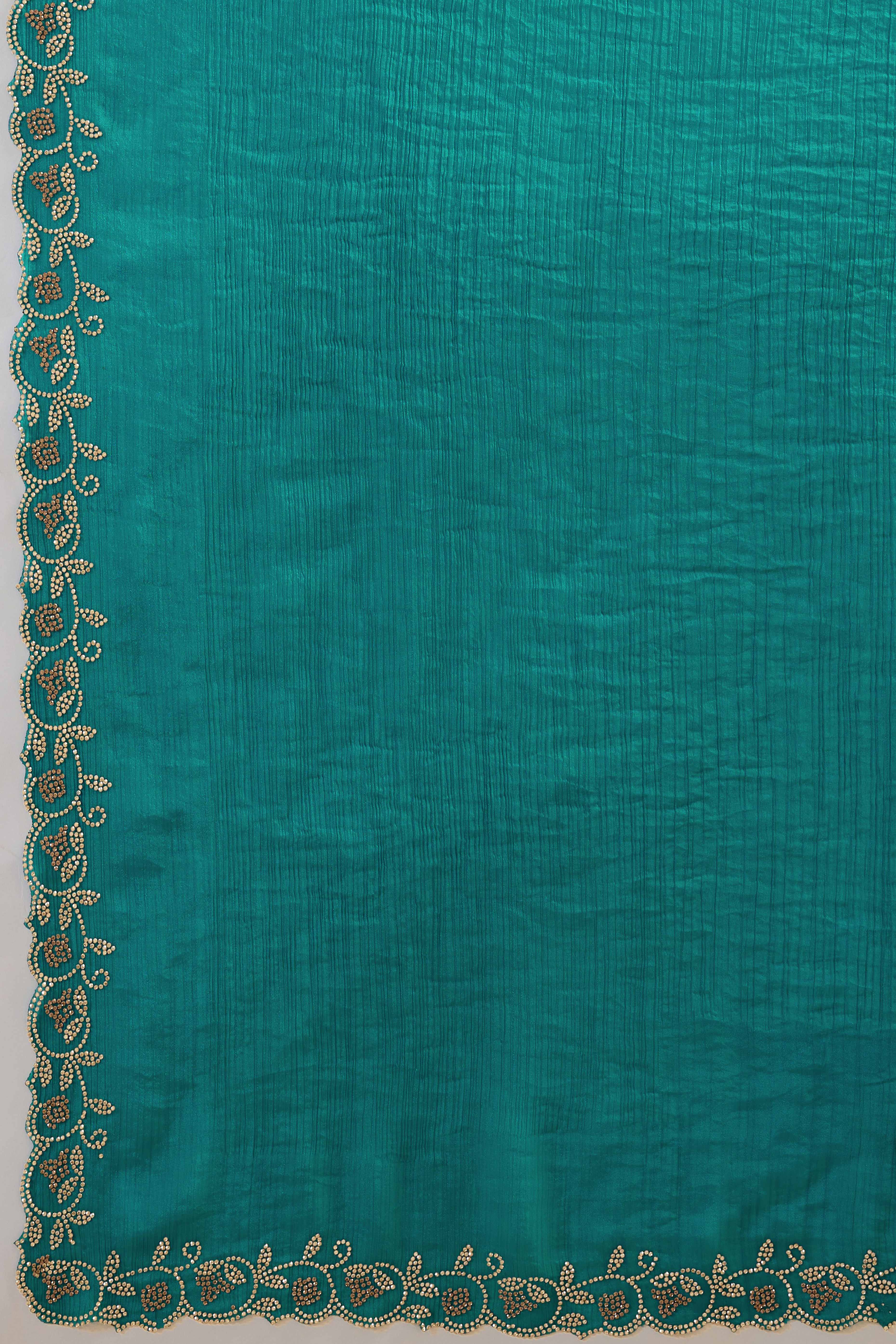 Teal Velvet Chiffon Saree Accented with Sparkling Zarkan Detailing - Image 8