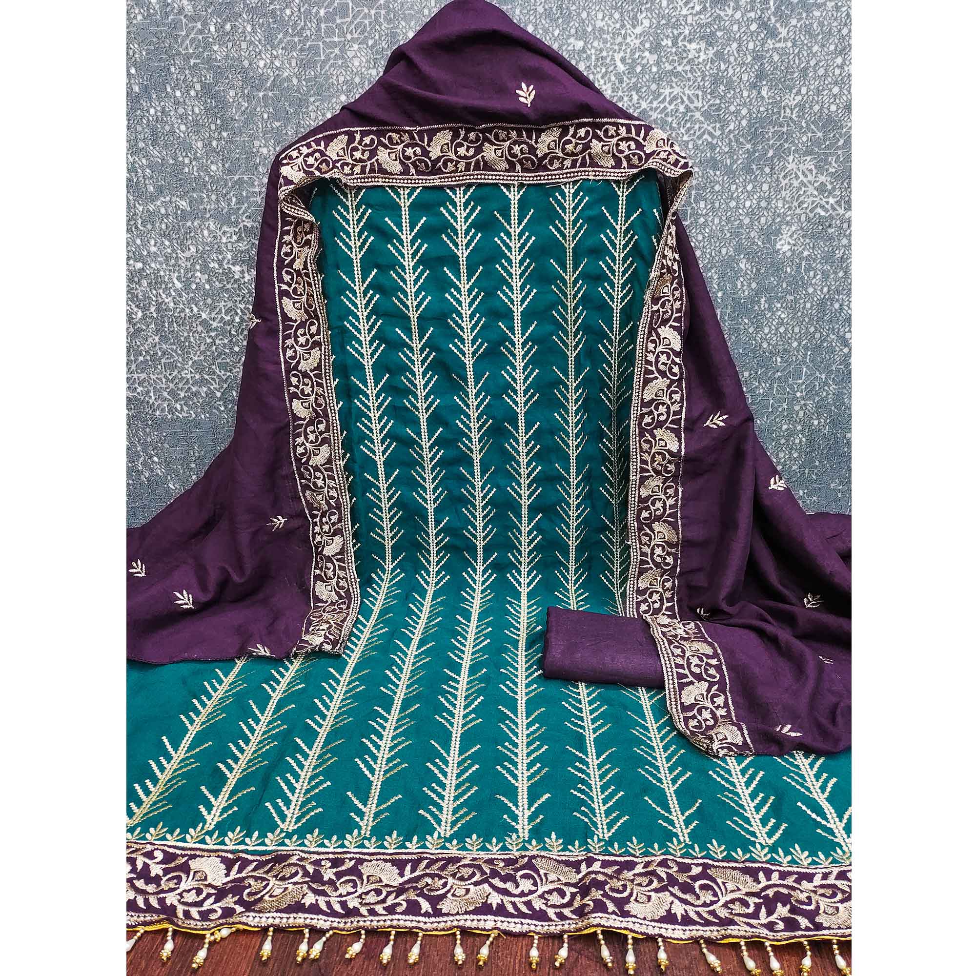 Teal Vichitra Silk Dress Material Featuring Graceful Floral Embroidery Work - Image 4