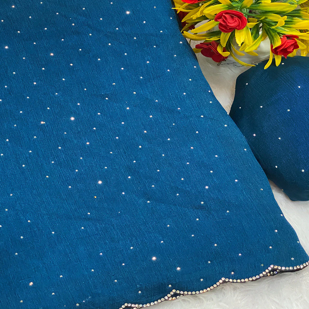 Teal Vichitra Silk Saree Accented with Stone Embellishments - Image 2