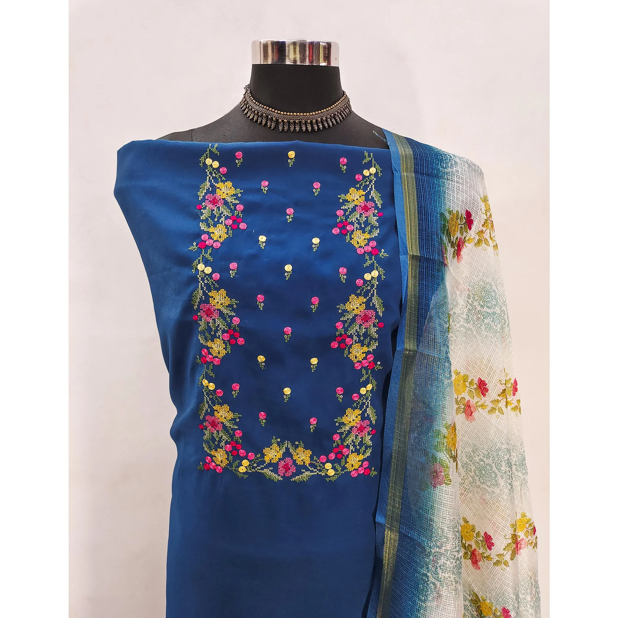 Teal Viscose Dress Material With Floral Embroidered Neckline - Image 4
