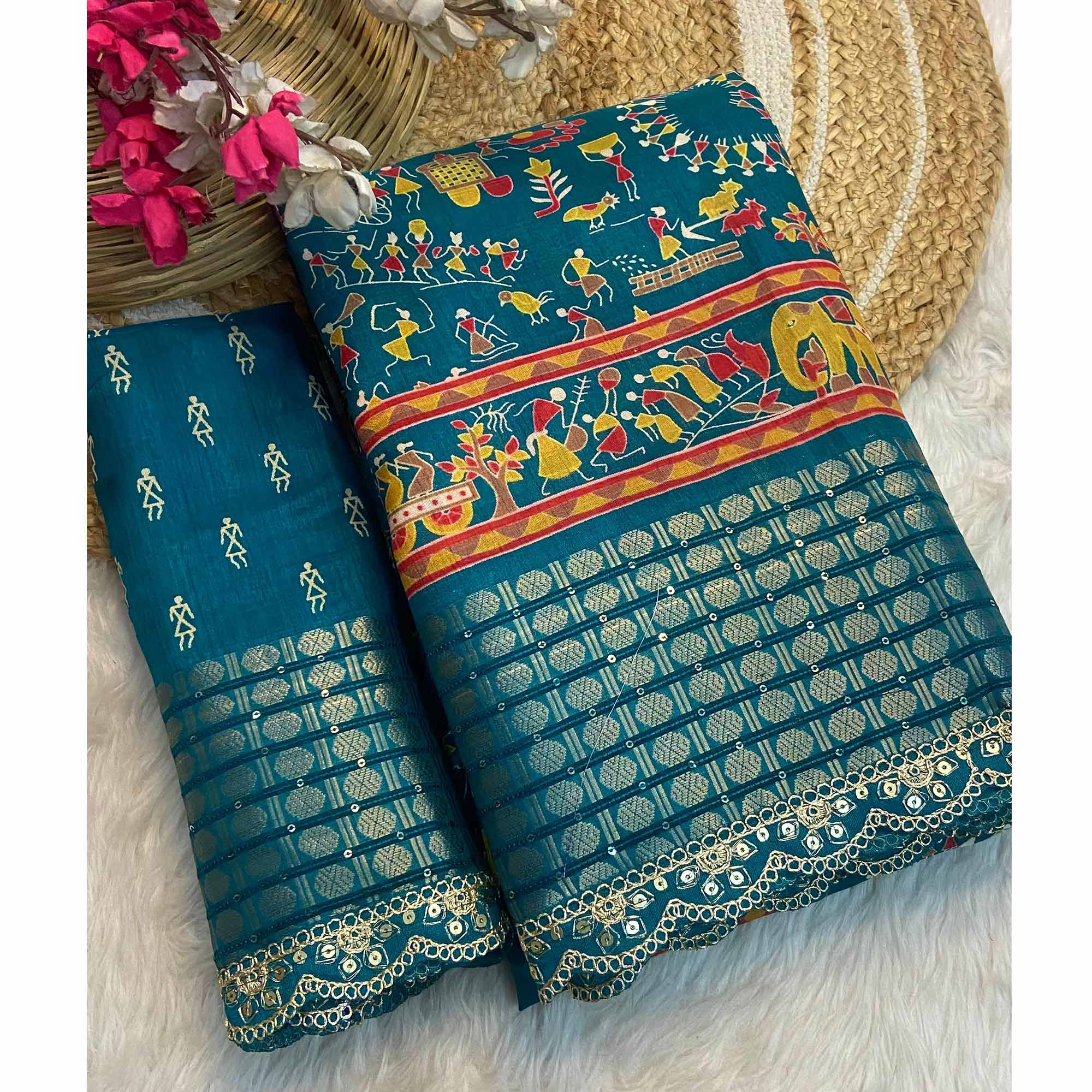 Teal Warli Printed Dola Silk Saree With Sequins Border - Image 3