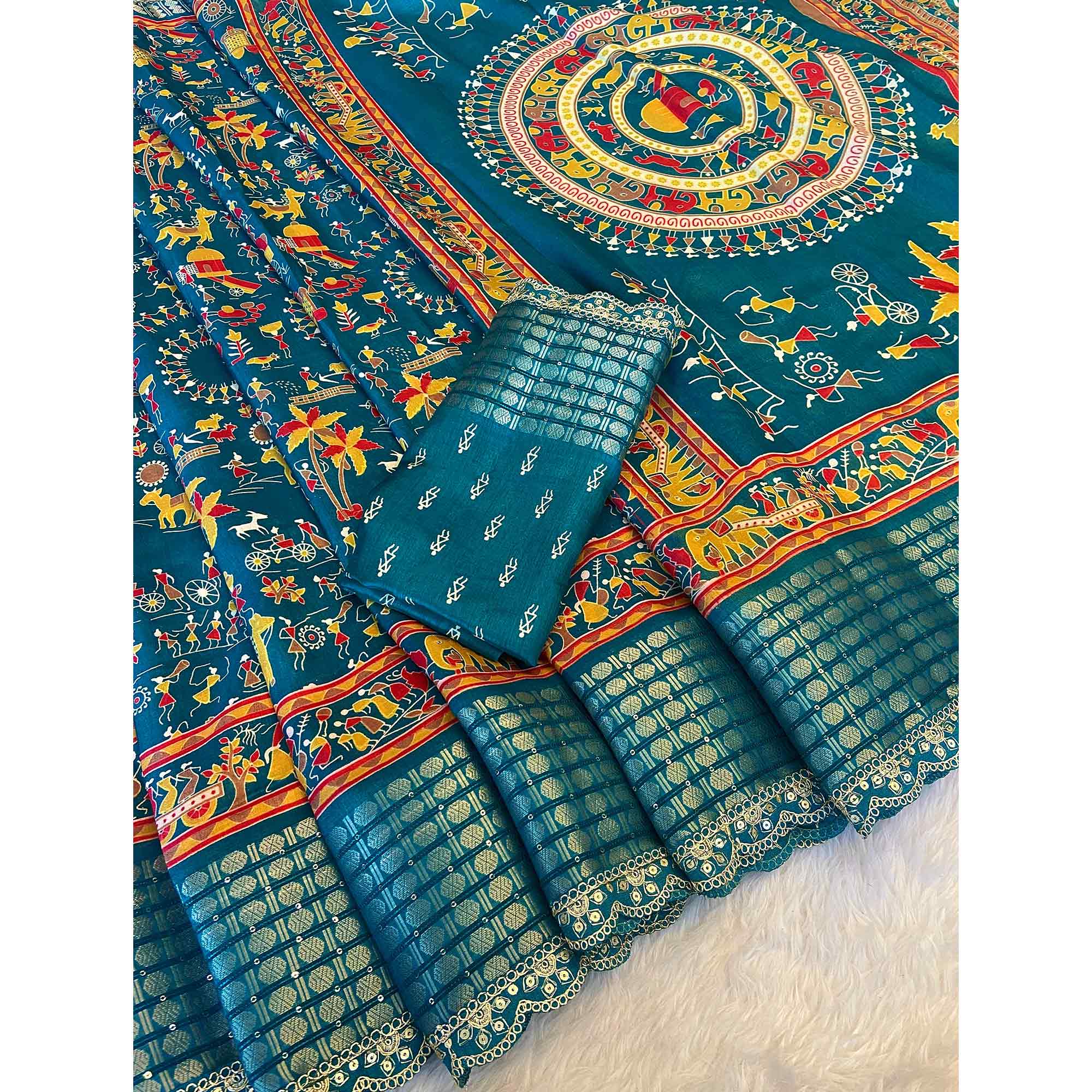 Teal Warli Printed Dola Silk Saree With Sequins Border - Image 4