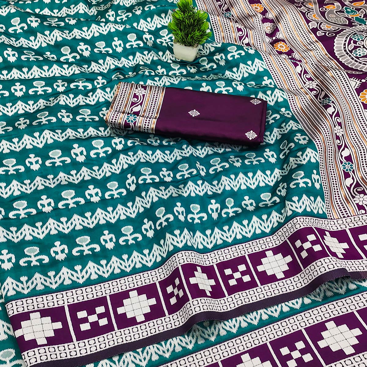 Teal Weaving Cotton Silk Saree With Contrasting Floral & Peacock Design Pallu - Image 2