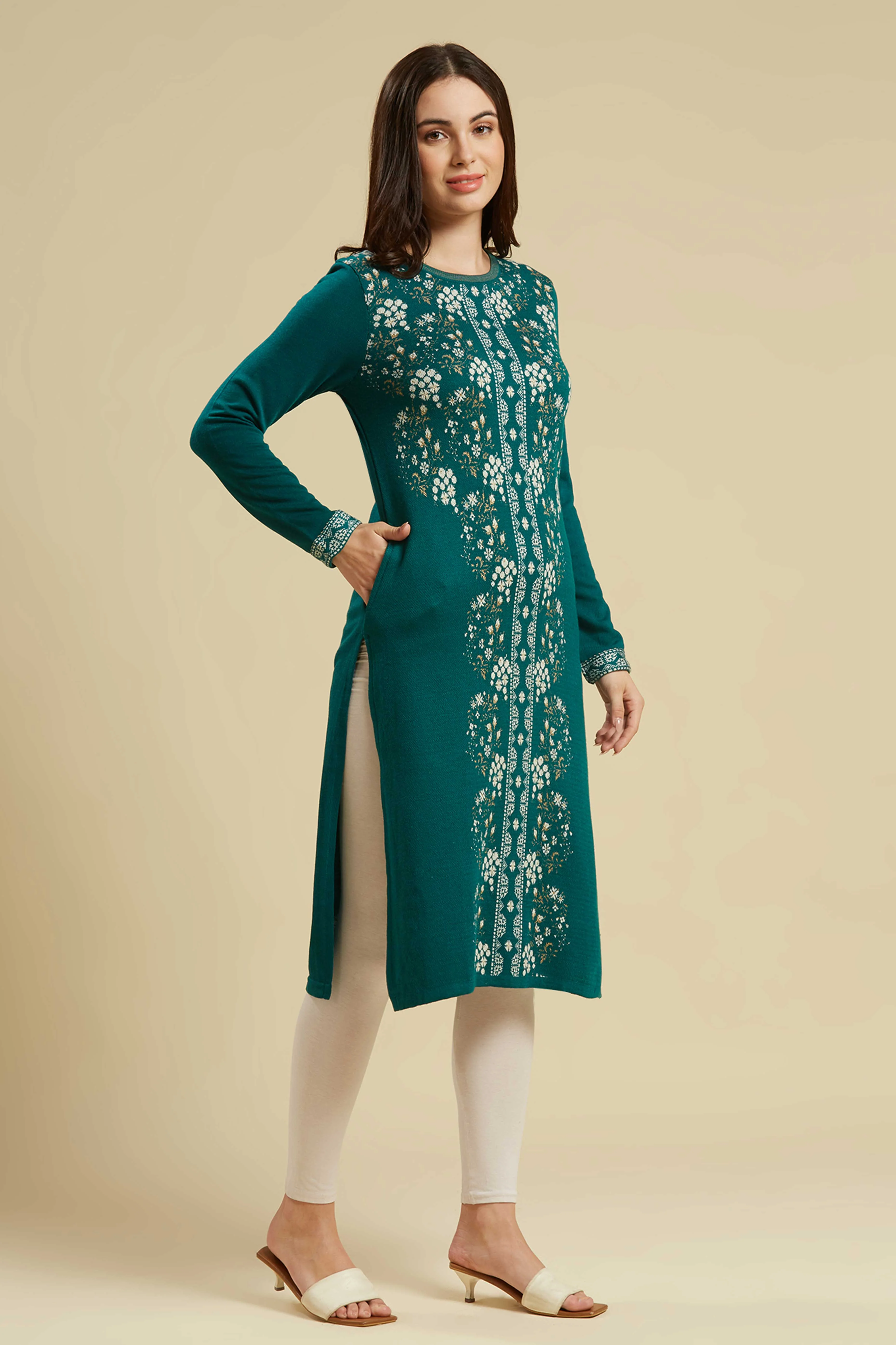 Teal Woolen Straight Kurti - Image 4
