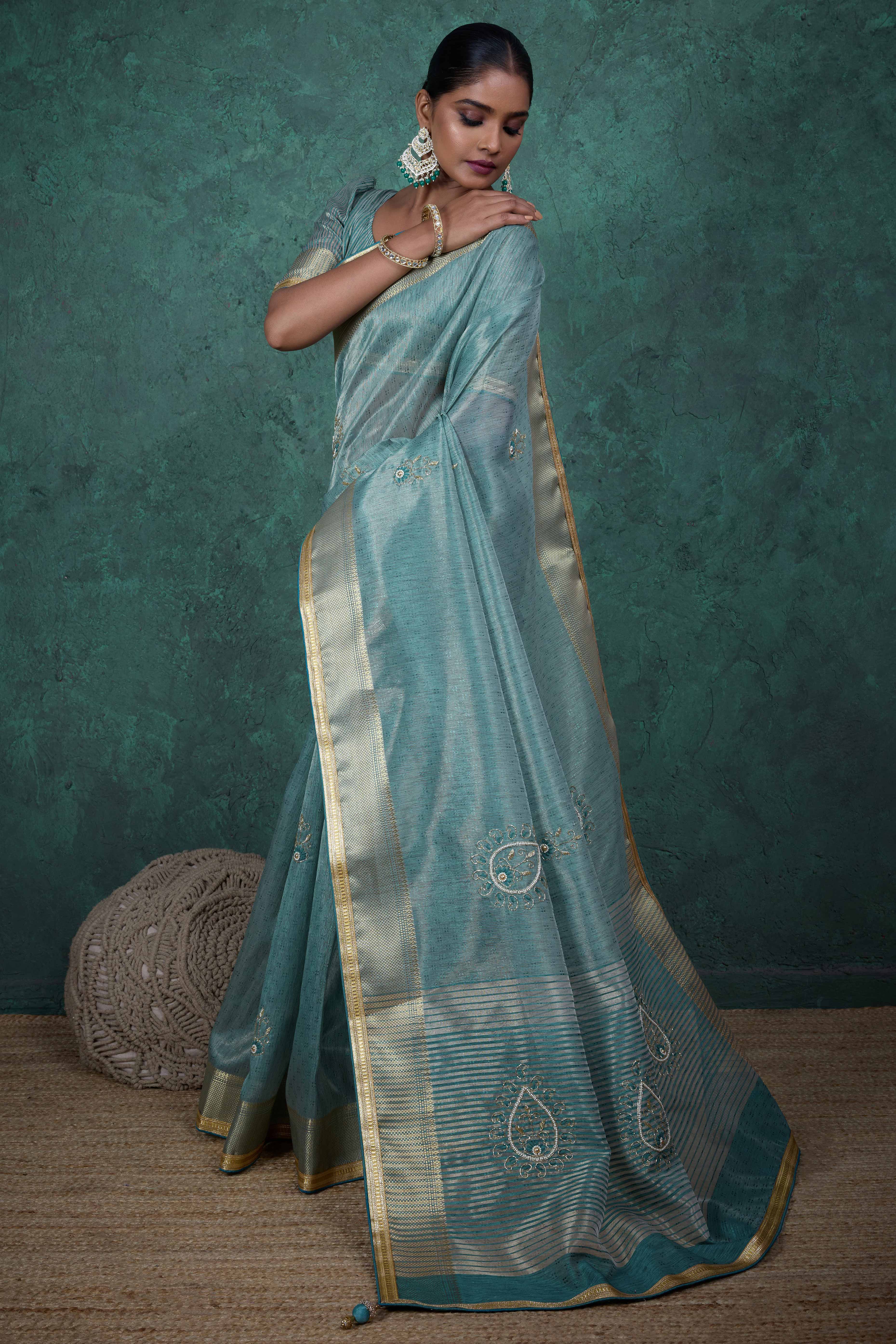 Teal Woven Linen Tissue Saree Featuring Beads Embellishment - Image 3