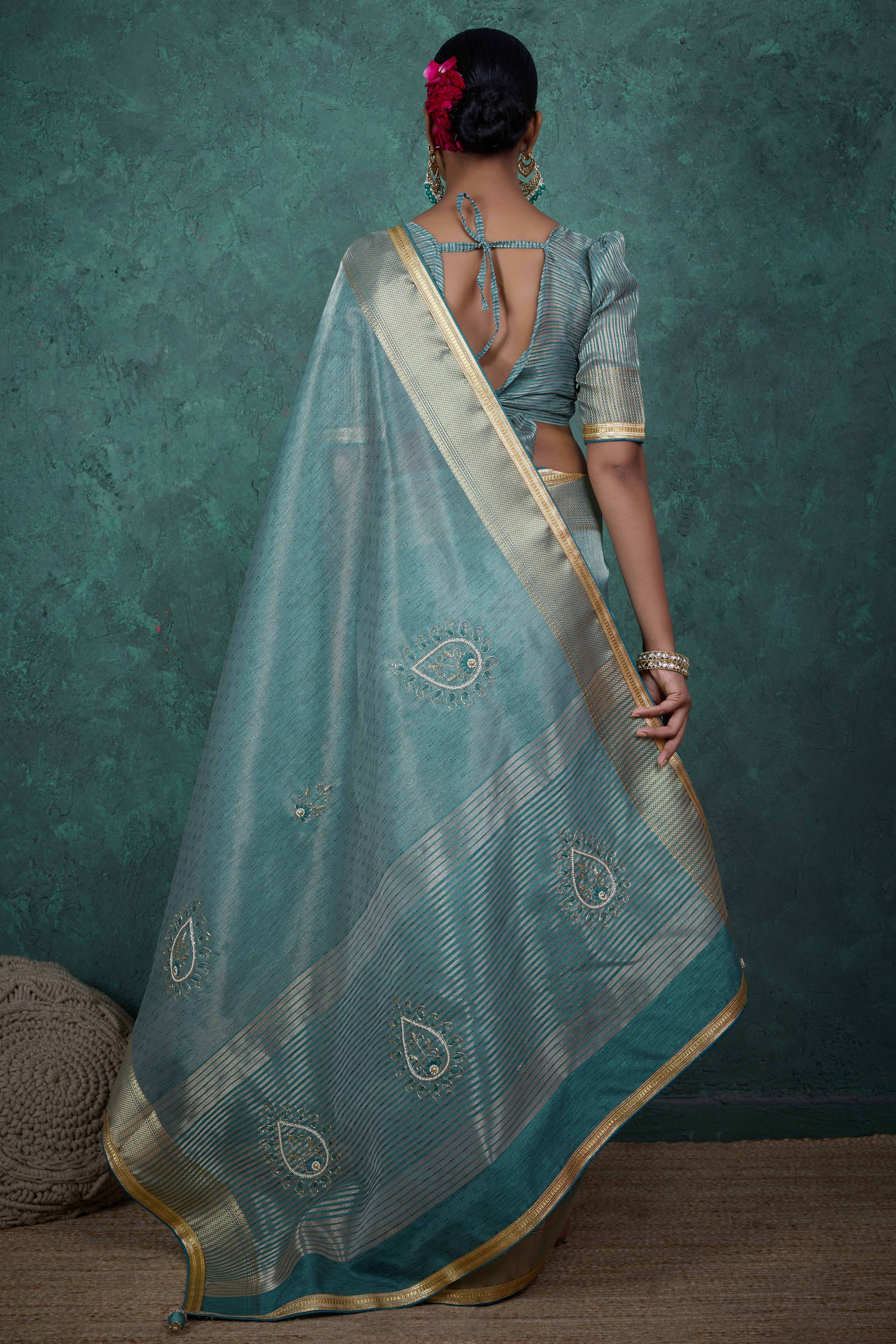 Teal Woven Linen Tissue Saree Featuring Beads Embellishment - Image 4