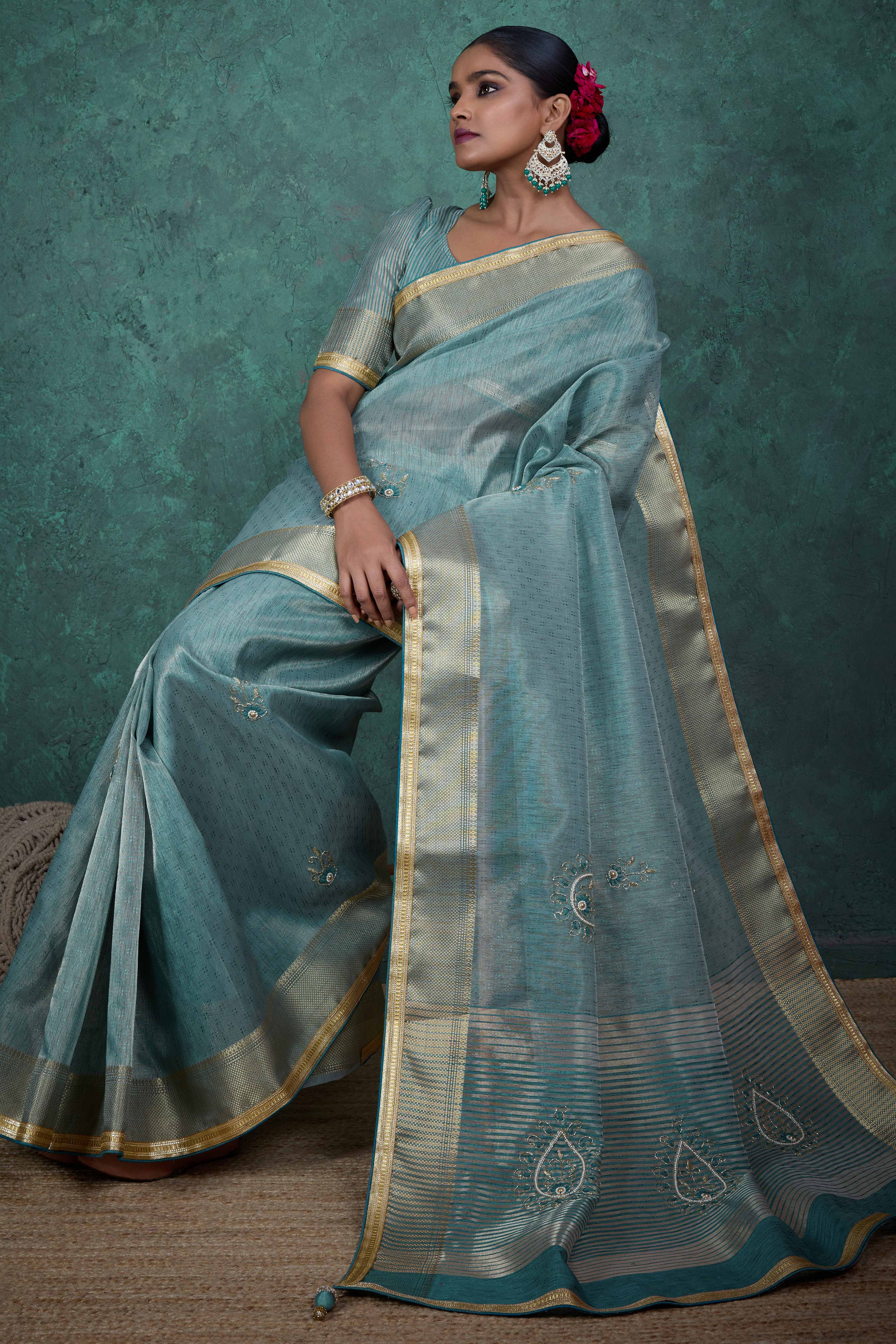 Teal Woven Linen Tissue Saree Featuring Beads Embellishment - Image 5