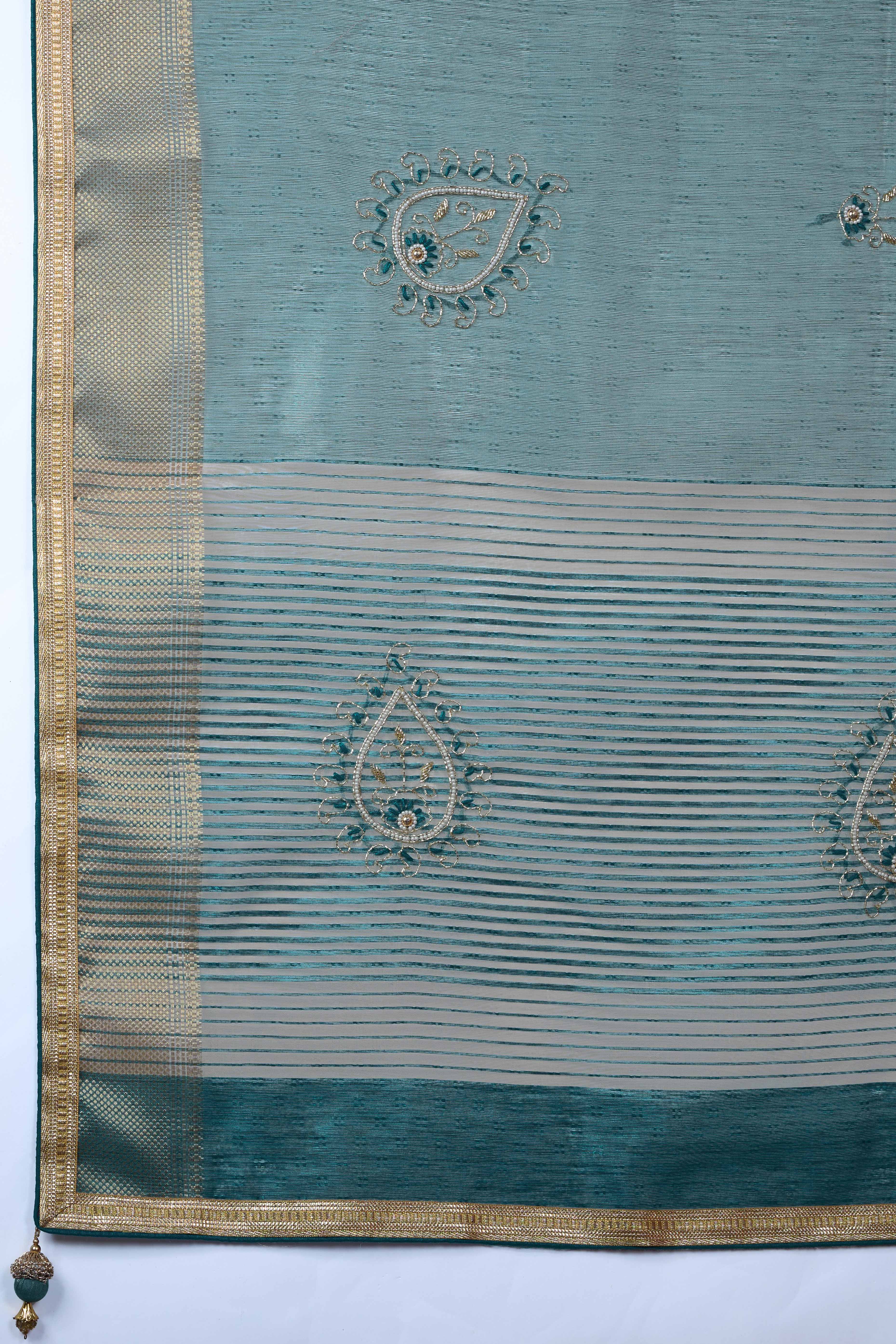 Teal Woven Linen Tissue Saree Featuring Beads Embellishment - Image 7
