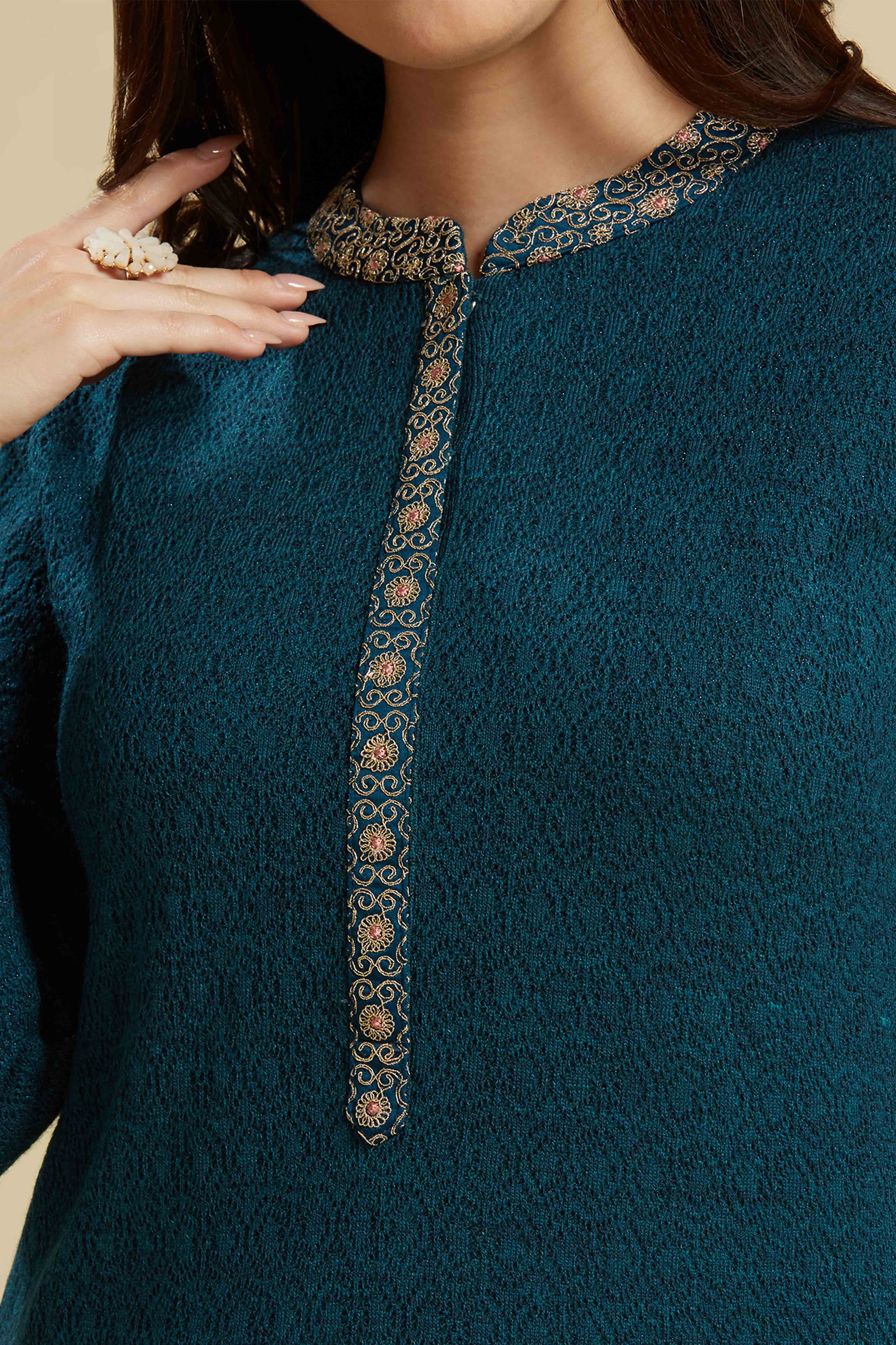 Teal Woven Woolen Straight Top Bottom Set - Image 2
