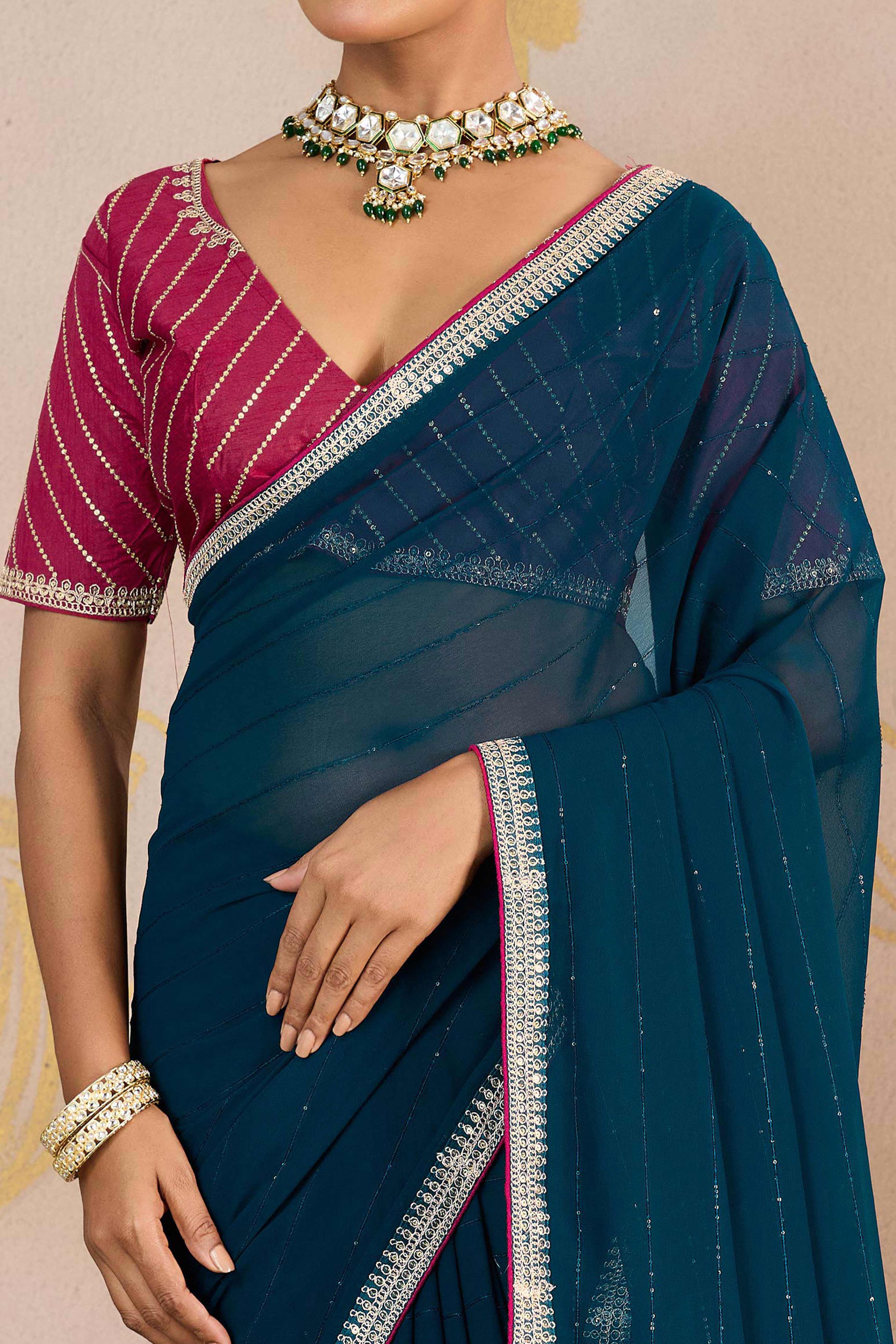 Teal Zari Embroidered Georgette Saree Accented With Sequins - Image 2