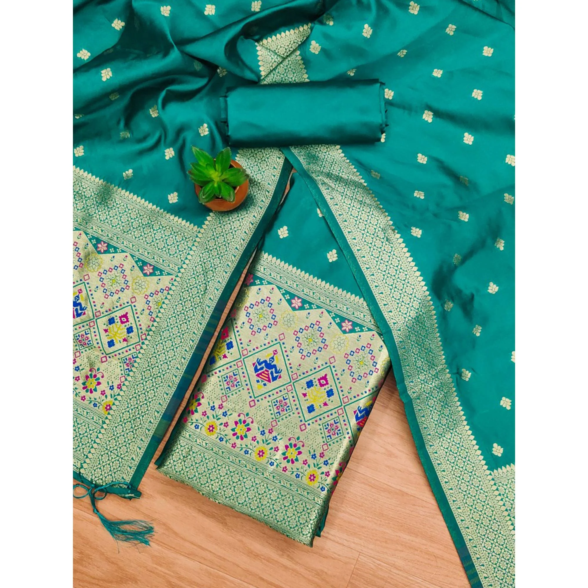 Teal Zari Weaving Soft Banarasi Silk Dress Material - Image 3