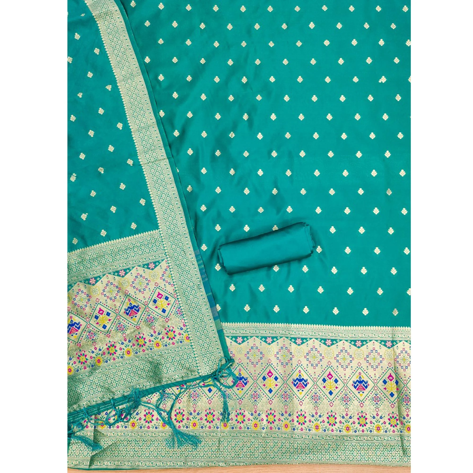 Teal Zari Weaving Soft Banarasi Silk Dress Material - Image 4