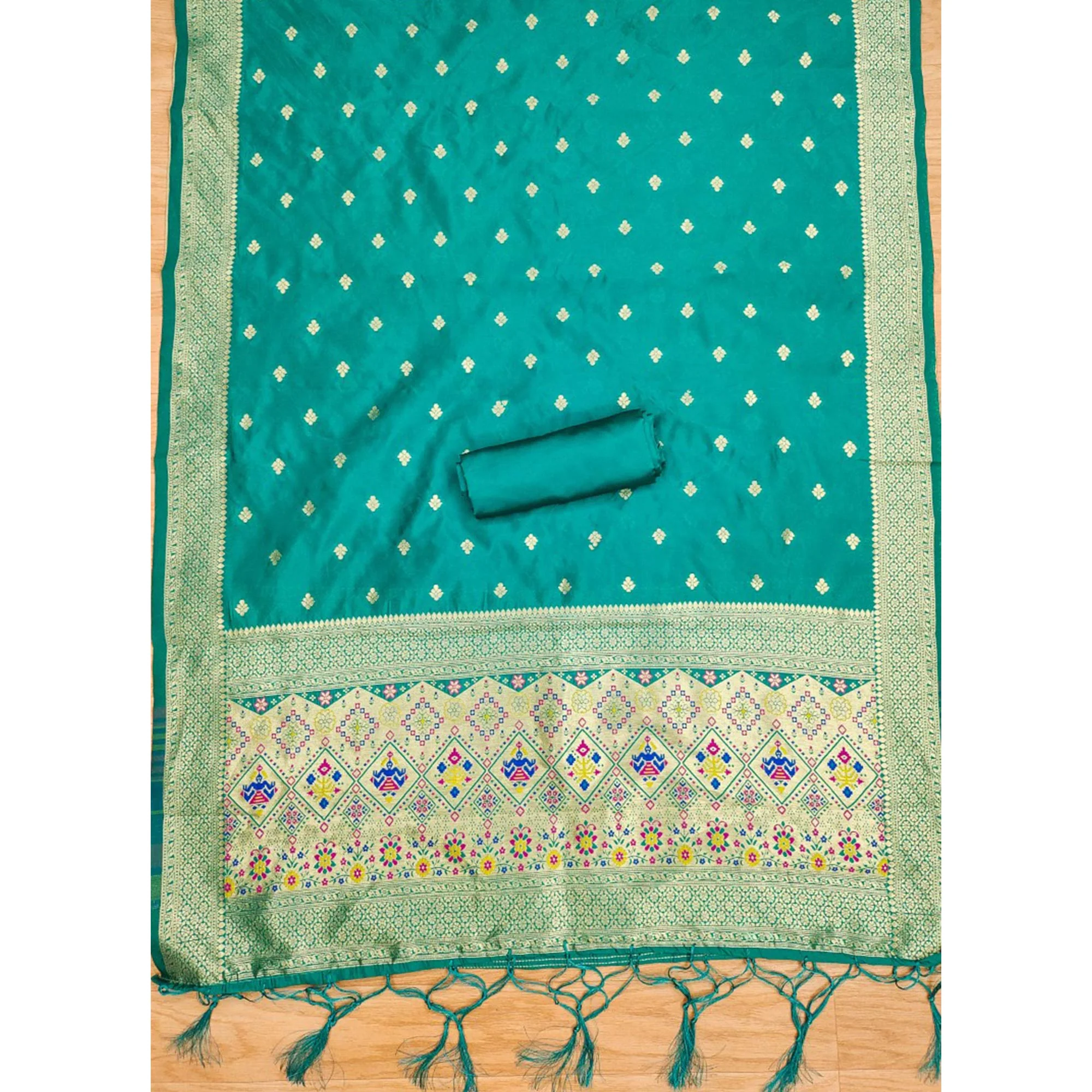 Teal Zari Weaving Soft Banarasi Silk Dress Material - Image 5