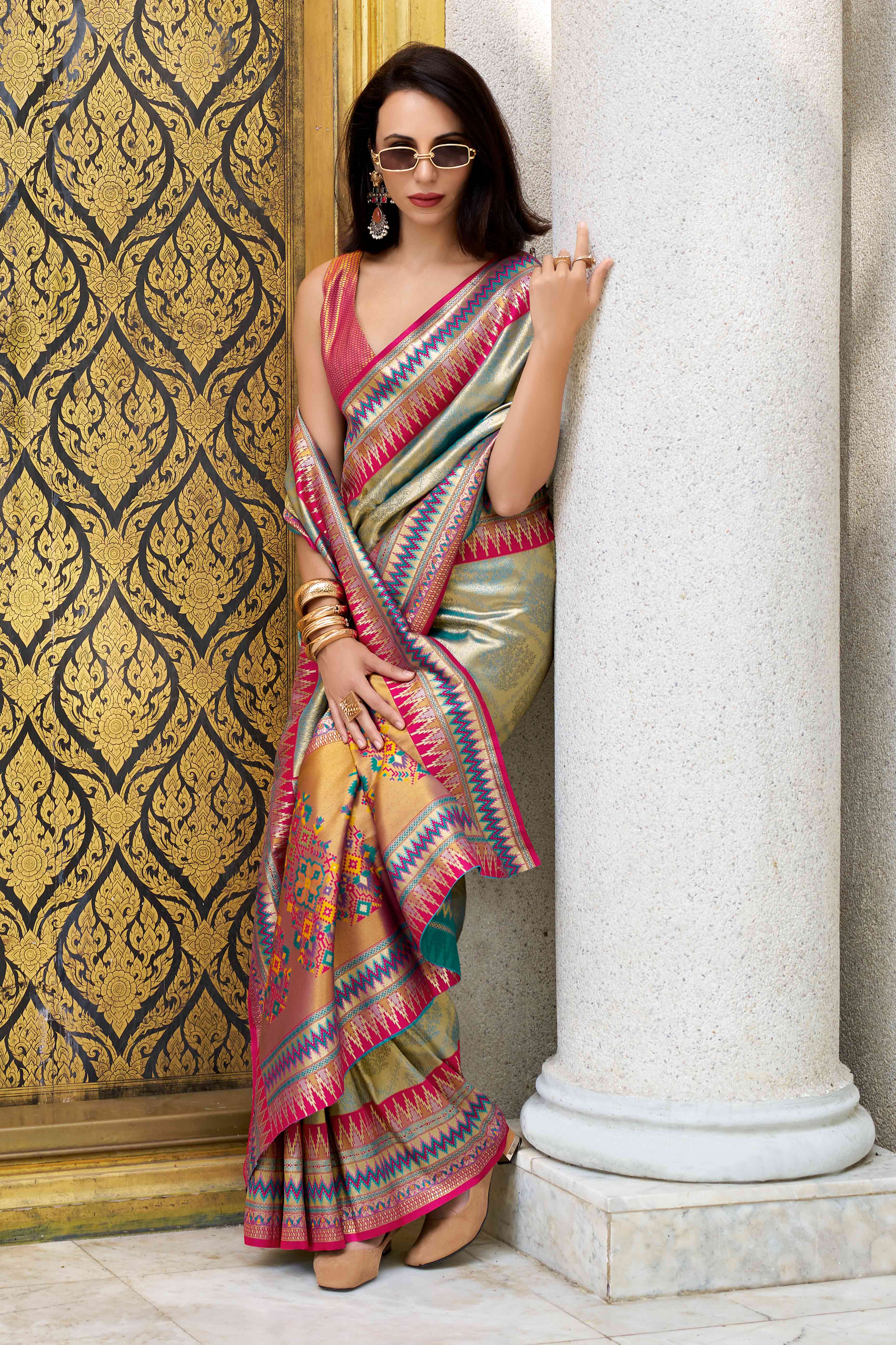 Teal Zari Weaving Tissue Silk Saree - Image 3