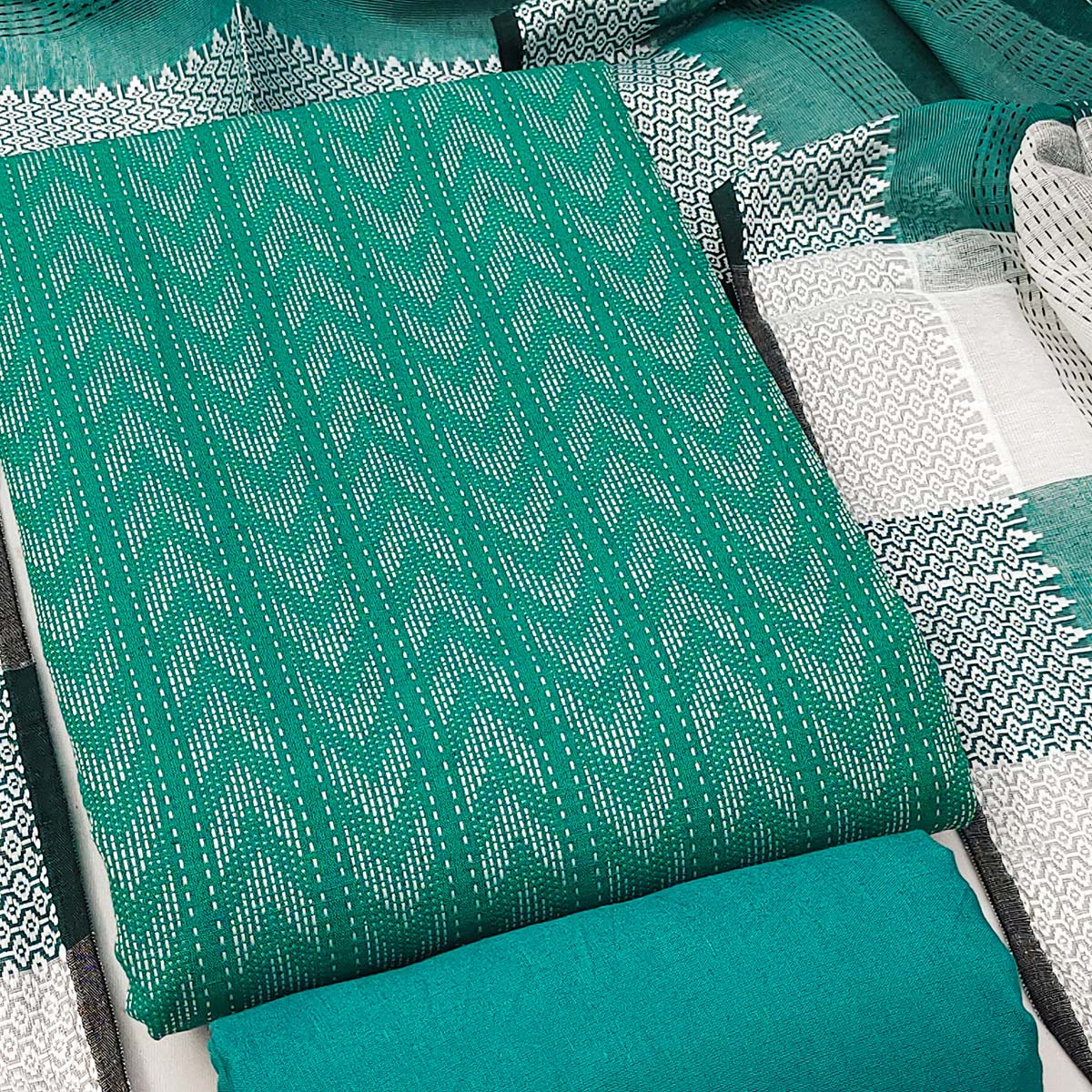 The Perfect Blend Of Grace Rama Green Chevron Woven Pattern Cotton Blend Dress Material - Image 2