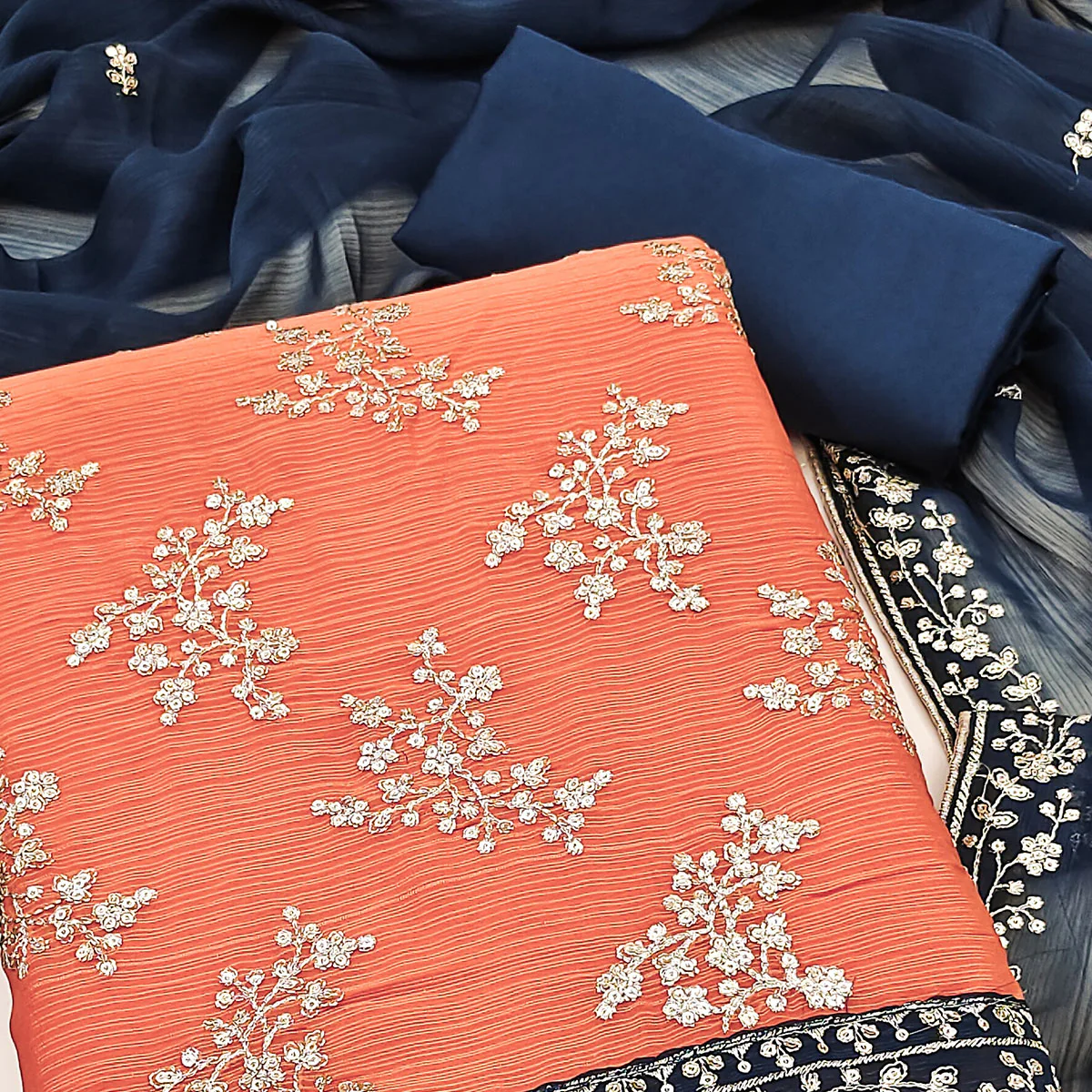 The Perfect Blend Of Grace Orange Floral Sequins Embroidered Zomoto Art Silk Dress Material - Image 2
