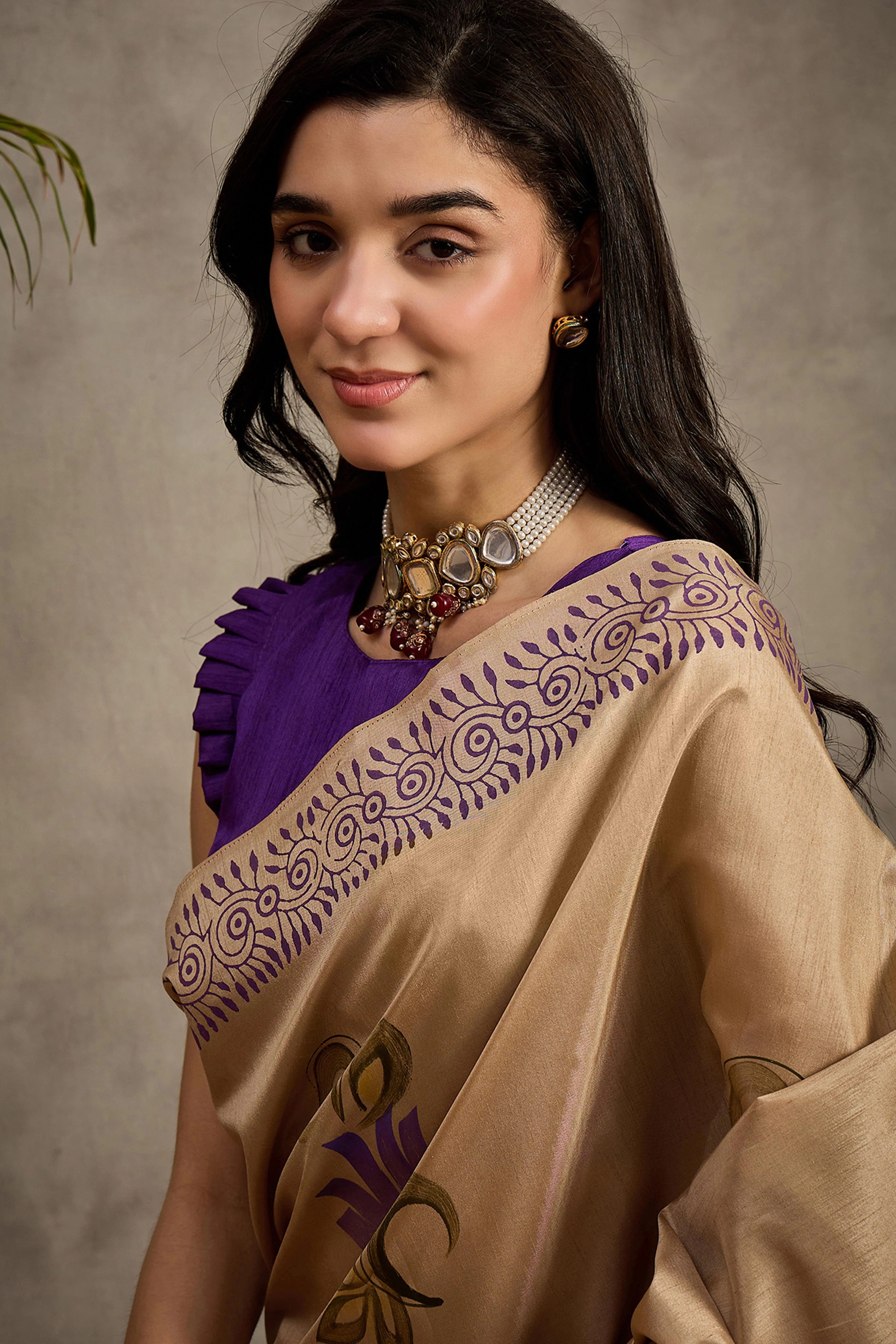 Timeless Beige Floral Printed Kozi Cotton Silk Saree Enhanced With Playful Tassel Pallu - Image 7